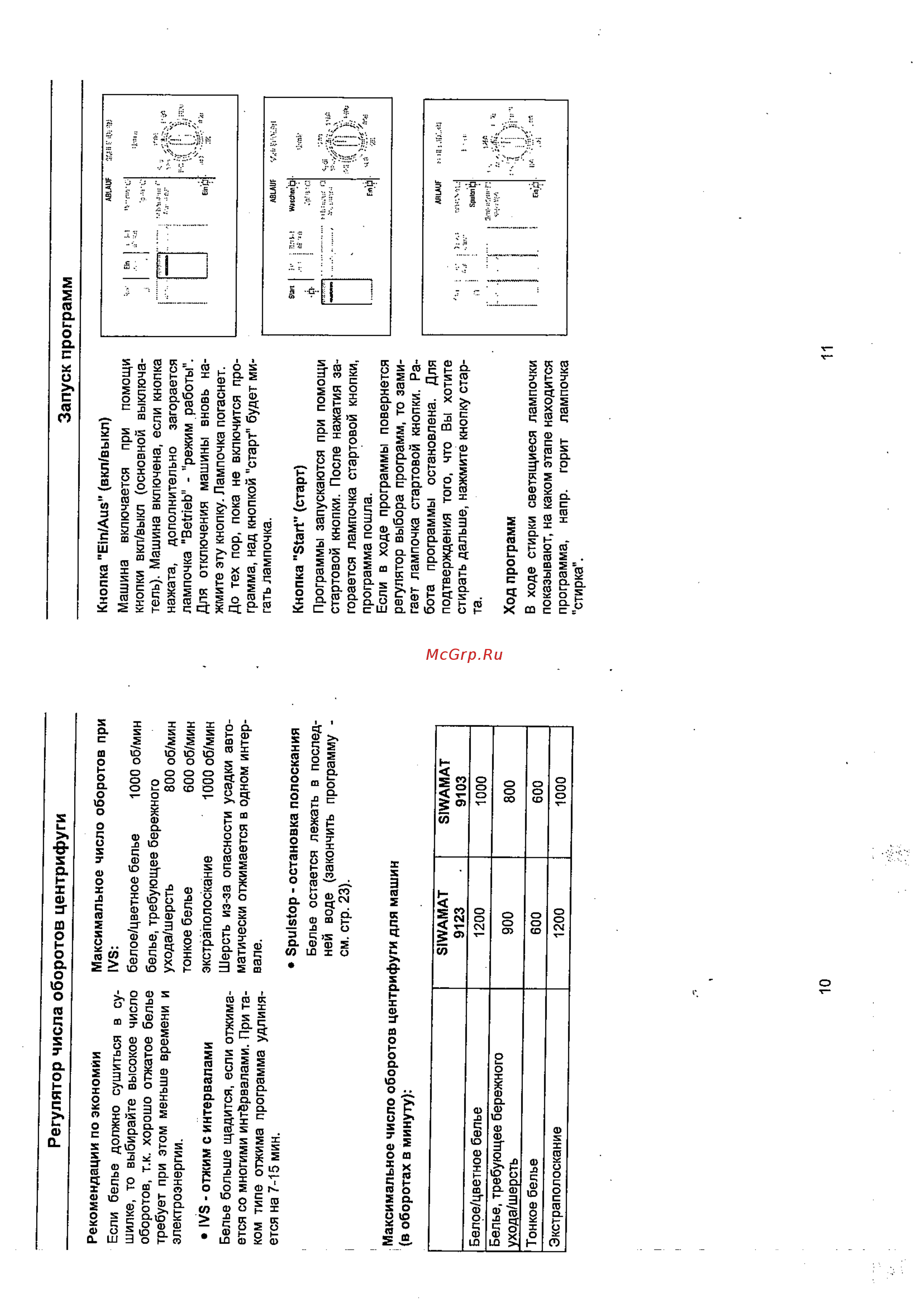 Siemens WP 91231 [7/20] Регулятор числа оборотов центрифуги запуск программ