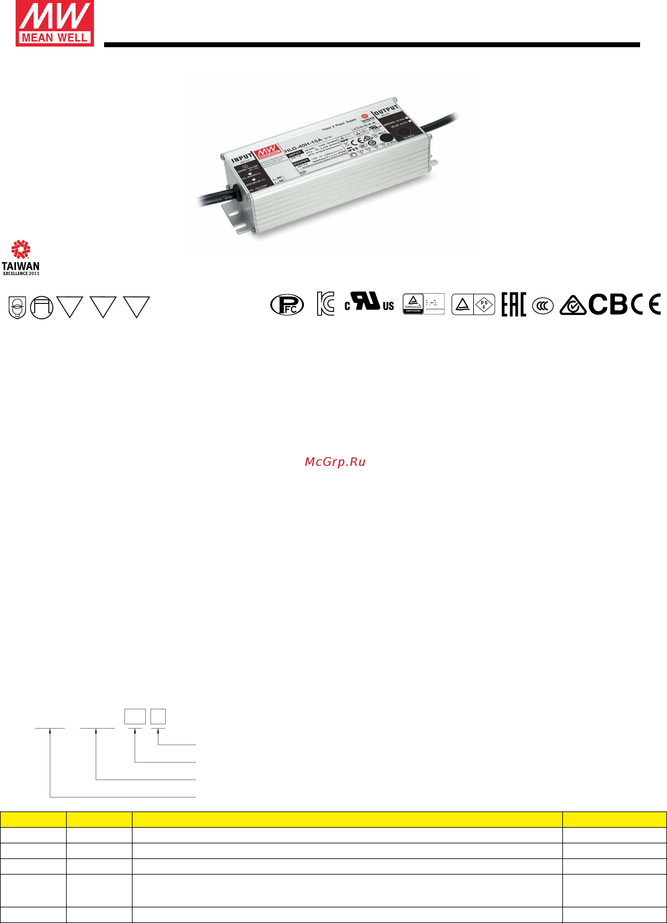 MEAN WELL HLG-40H-15 Datasheet онлайн