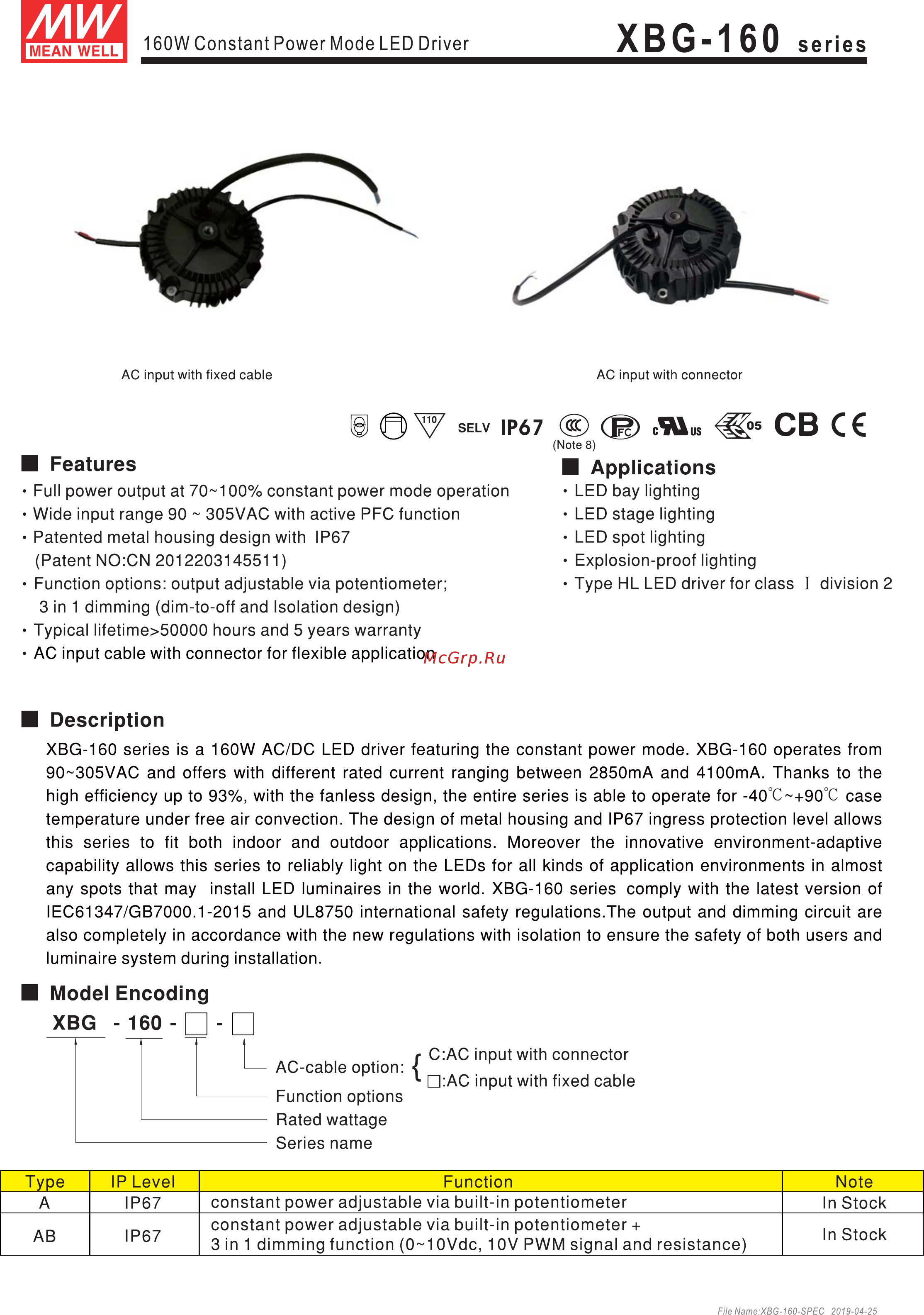 MEAN WELL XBG-160-AB Datasheet онлайн