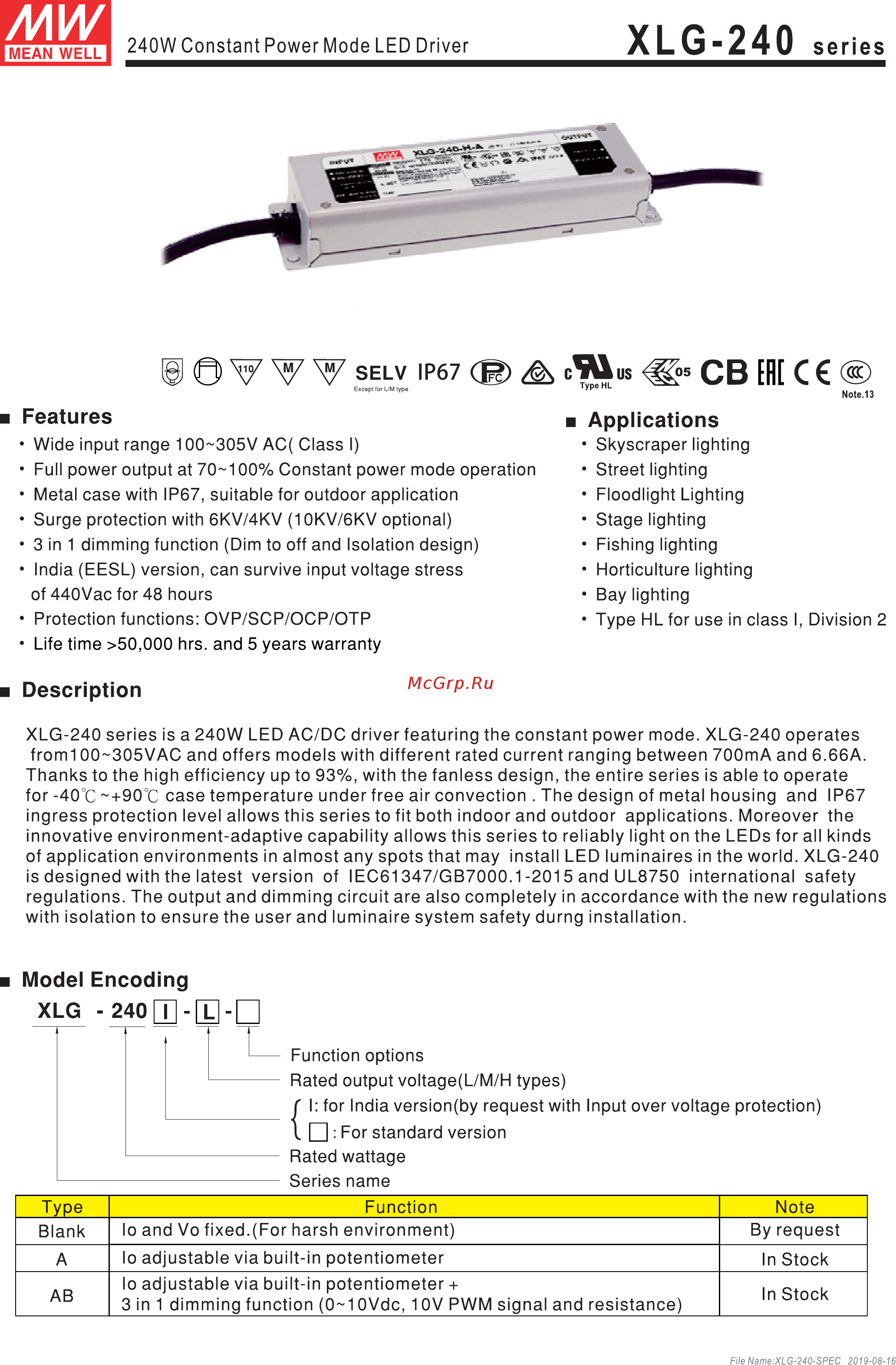 MEAN WELL XLG-240-L-AB Datasheet онлайн