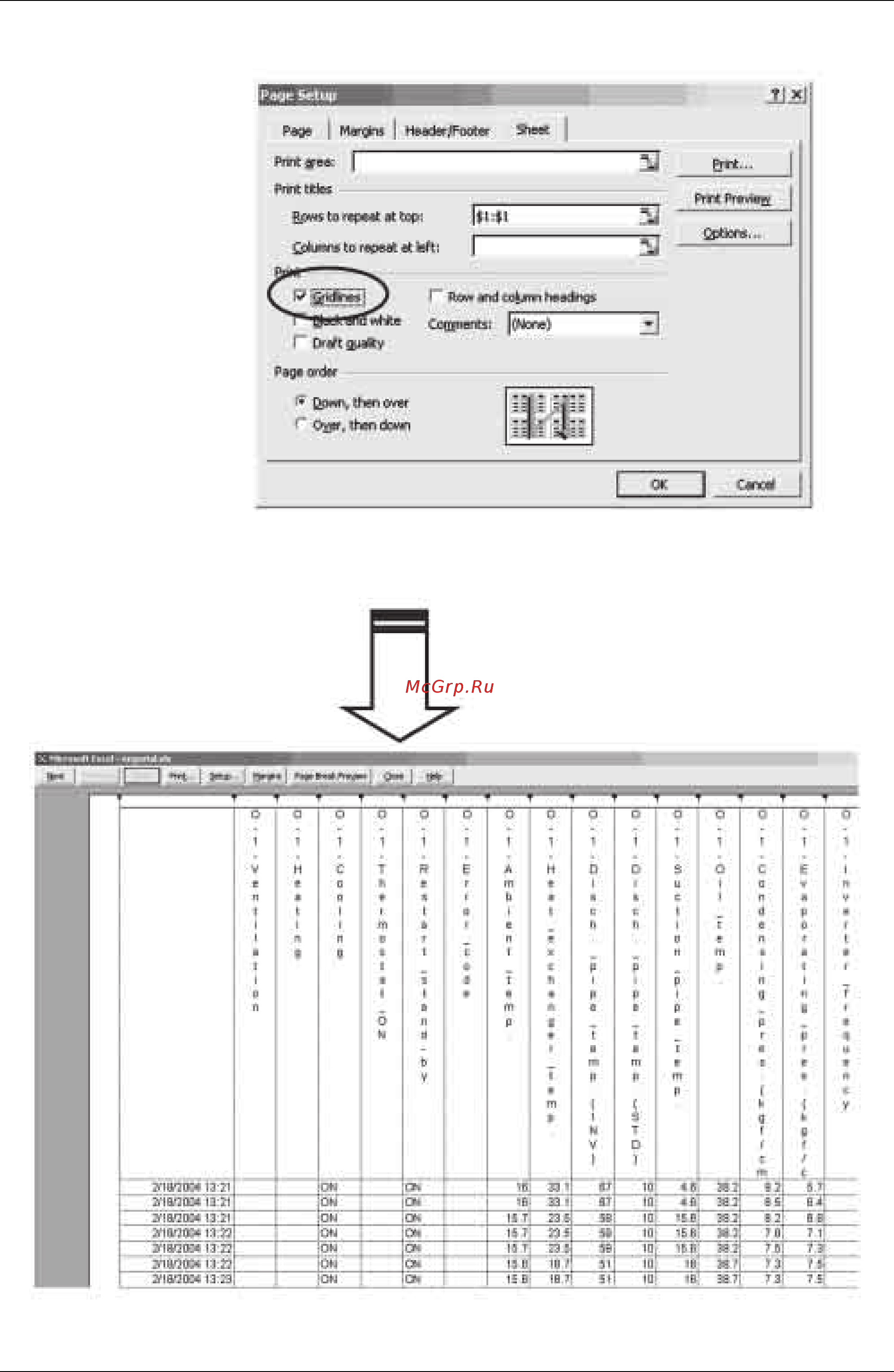 Daikin RHXY22MY1 [167/256] В меню sheet окна page setup отметить флажок gridlines сетка в области print печать