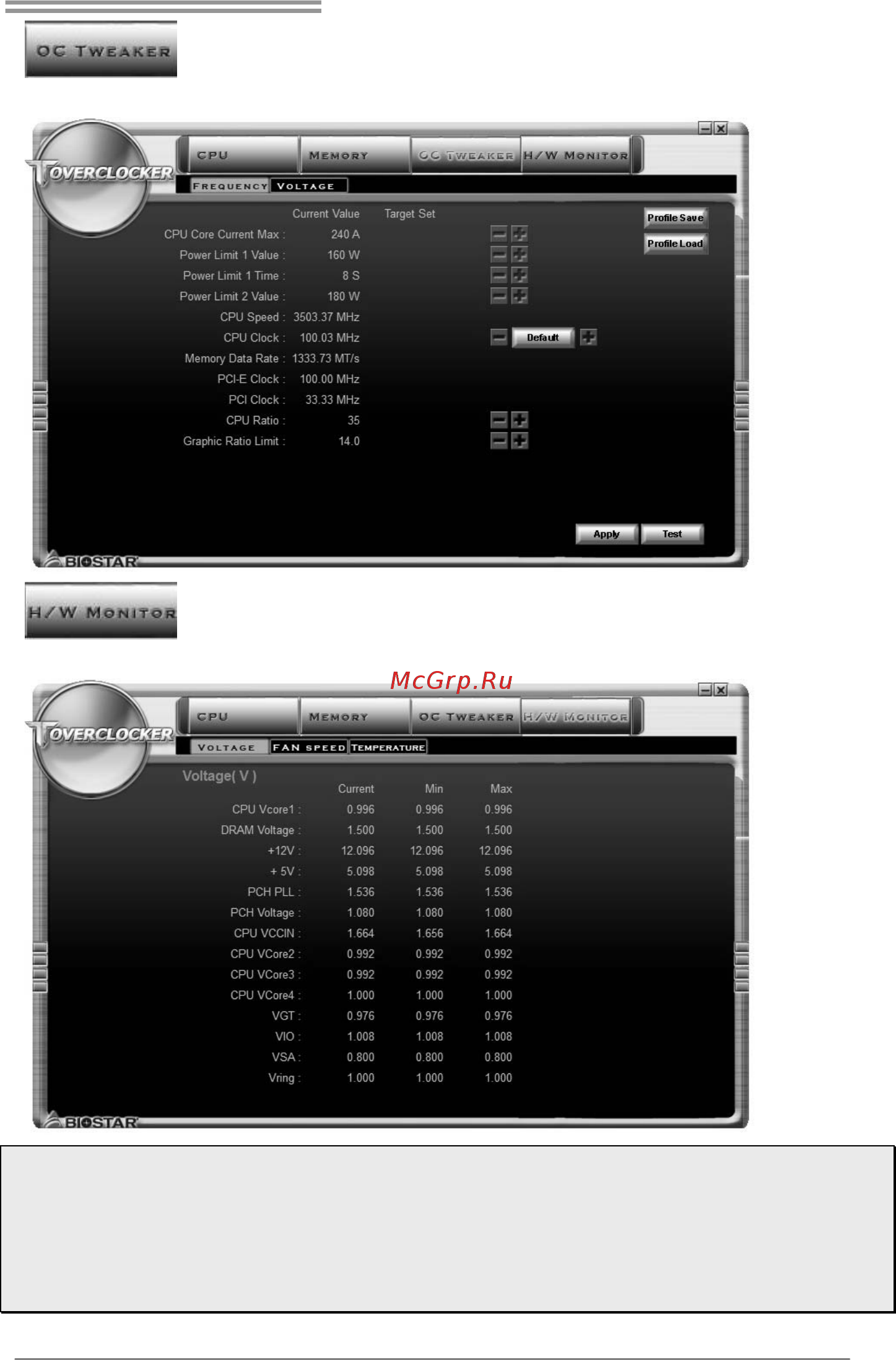 Biostar Hi-Fi B85S 3D Версия 5.x [27/63] The hw monitor tab allows you to monitor hardware voltage fan speed and temperature you can also set cpu smart fan function in this tab