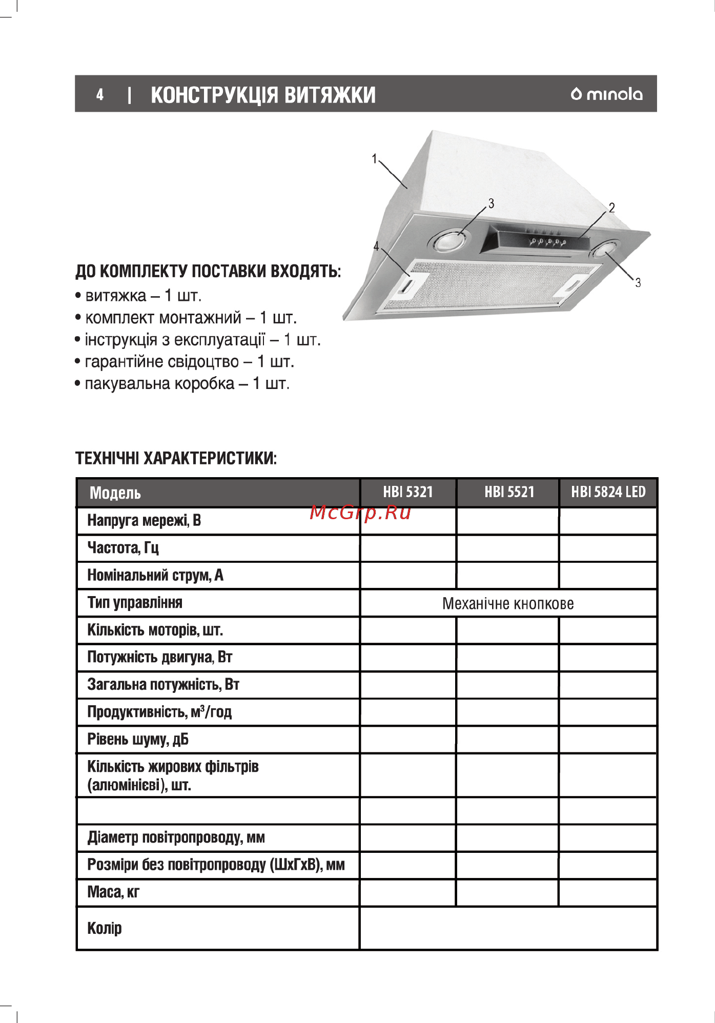 Minola HBI 5824 I 1200 LED [4/28] Конструкція витяжки