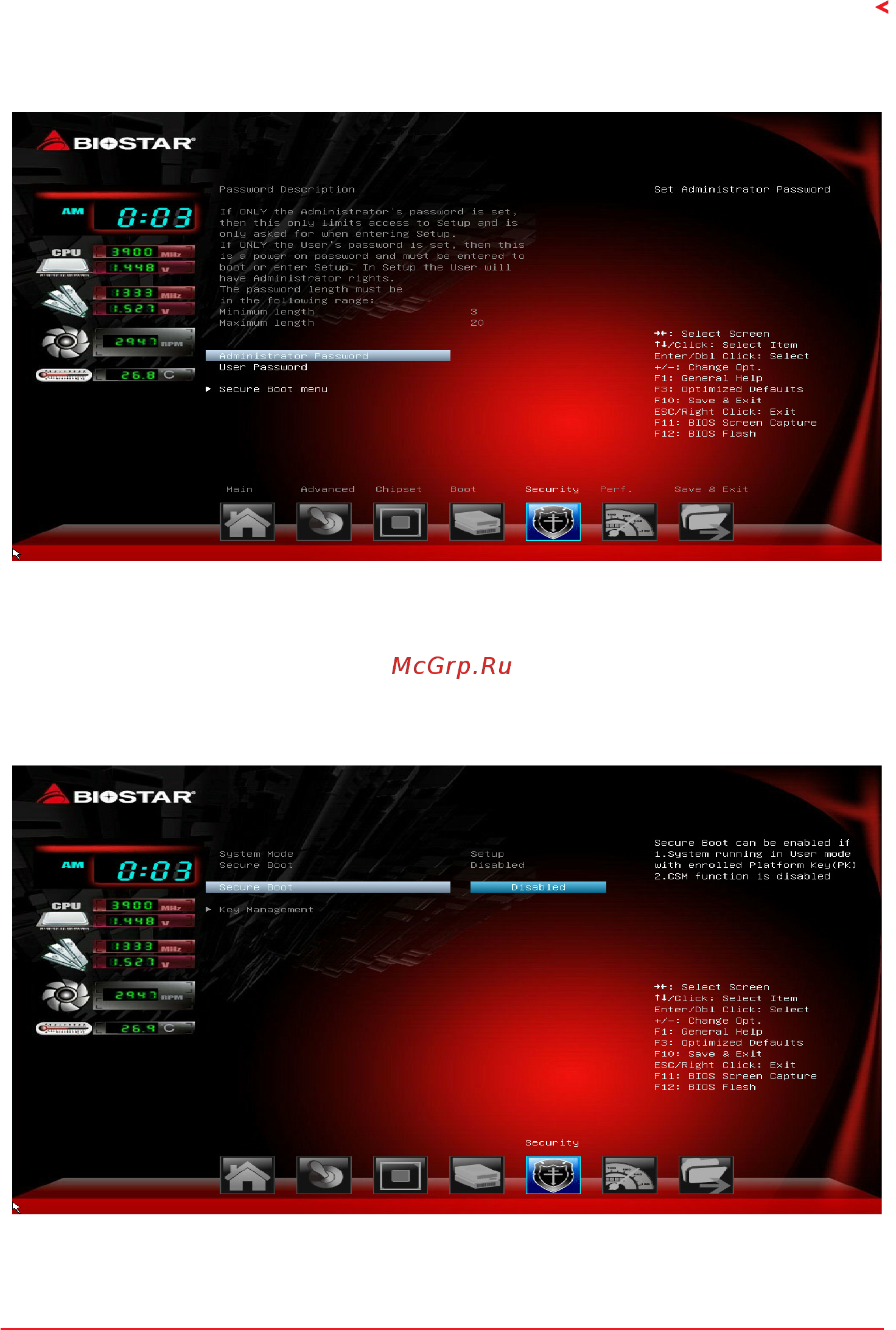 Biostar A70MD PRO Версия 6.x [27/33] Security menu