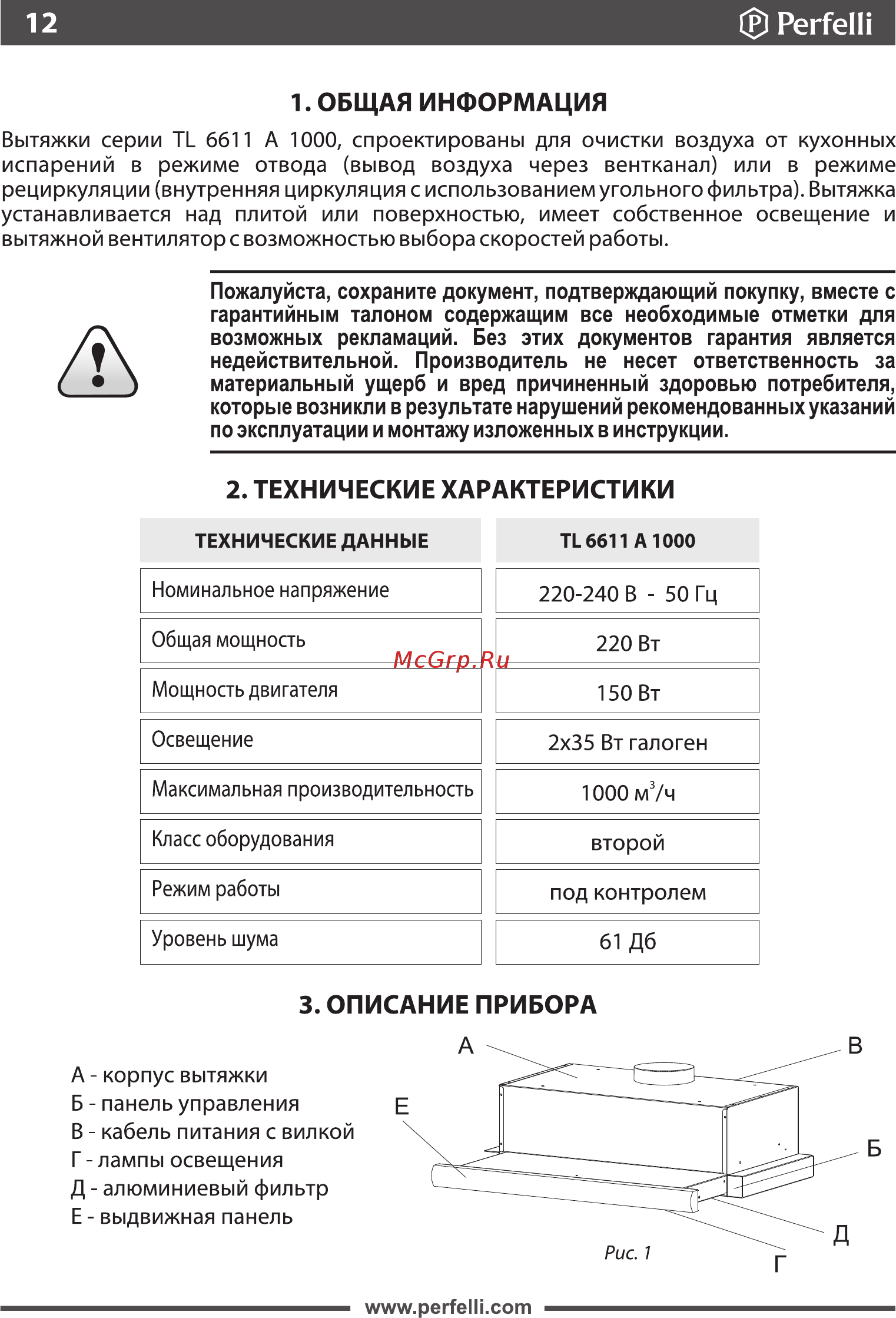 Perfelli TL 6611 A 1000 IV [12/19] Общая информация