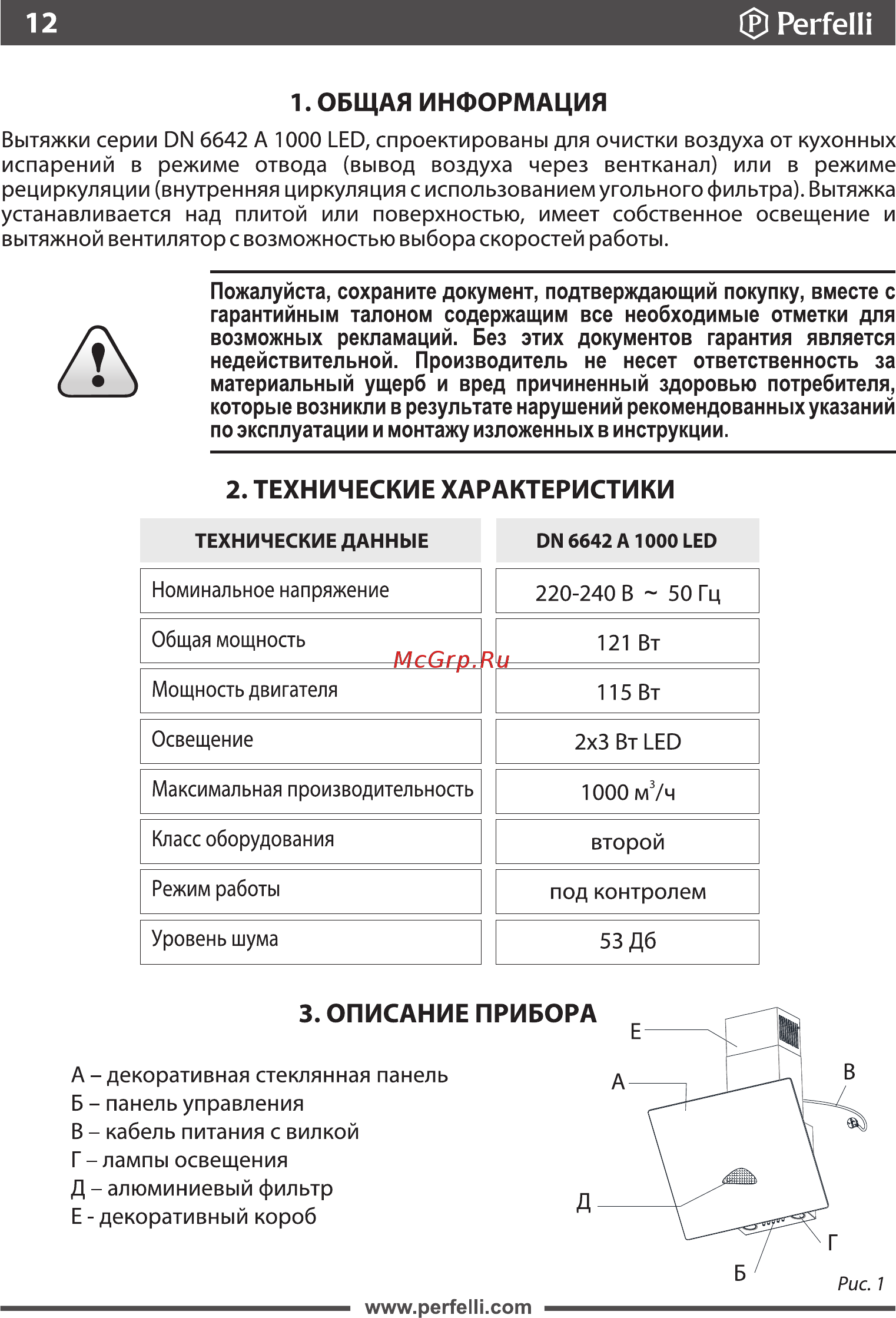 Perfelli DN 6642 A 1000 BL LED [12/19] Общая информация