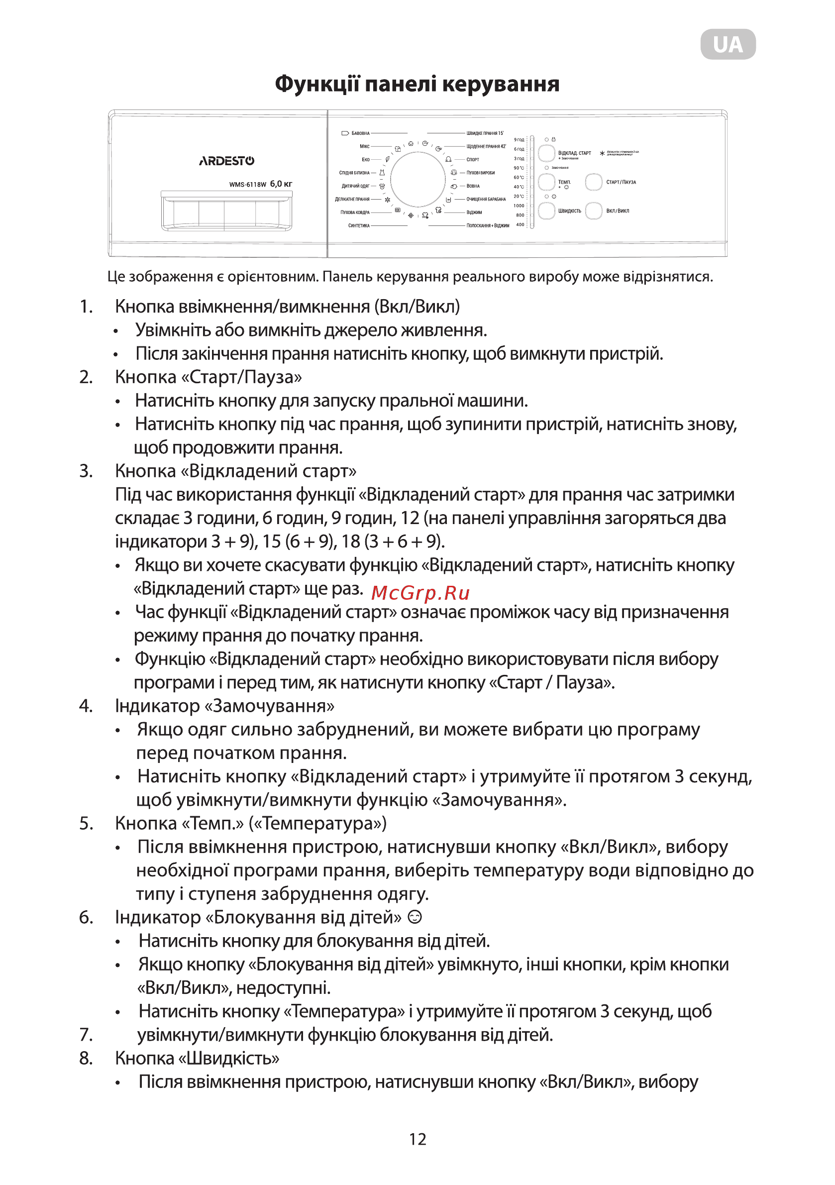 Ardesto WMS-6118W [12/92] Функцн панел керування