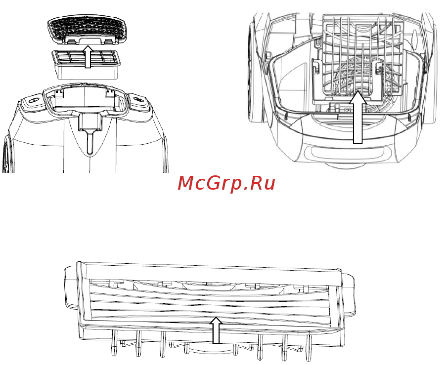 Ardesto MVC-B1602RD [6/24] Чищення вихідного нера фільтру зніміть решітку вихідного фільтру потягнувши за виступи у напрямку вгору вийміть нера фільтр прочистіть фільтр за допомогою щітки губчасту складову фільтру промити в теплій воді і ретельно просуши ти повернути нера фільтр і губчастий фільтр на місце рис 6 7
