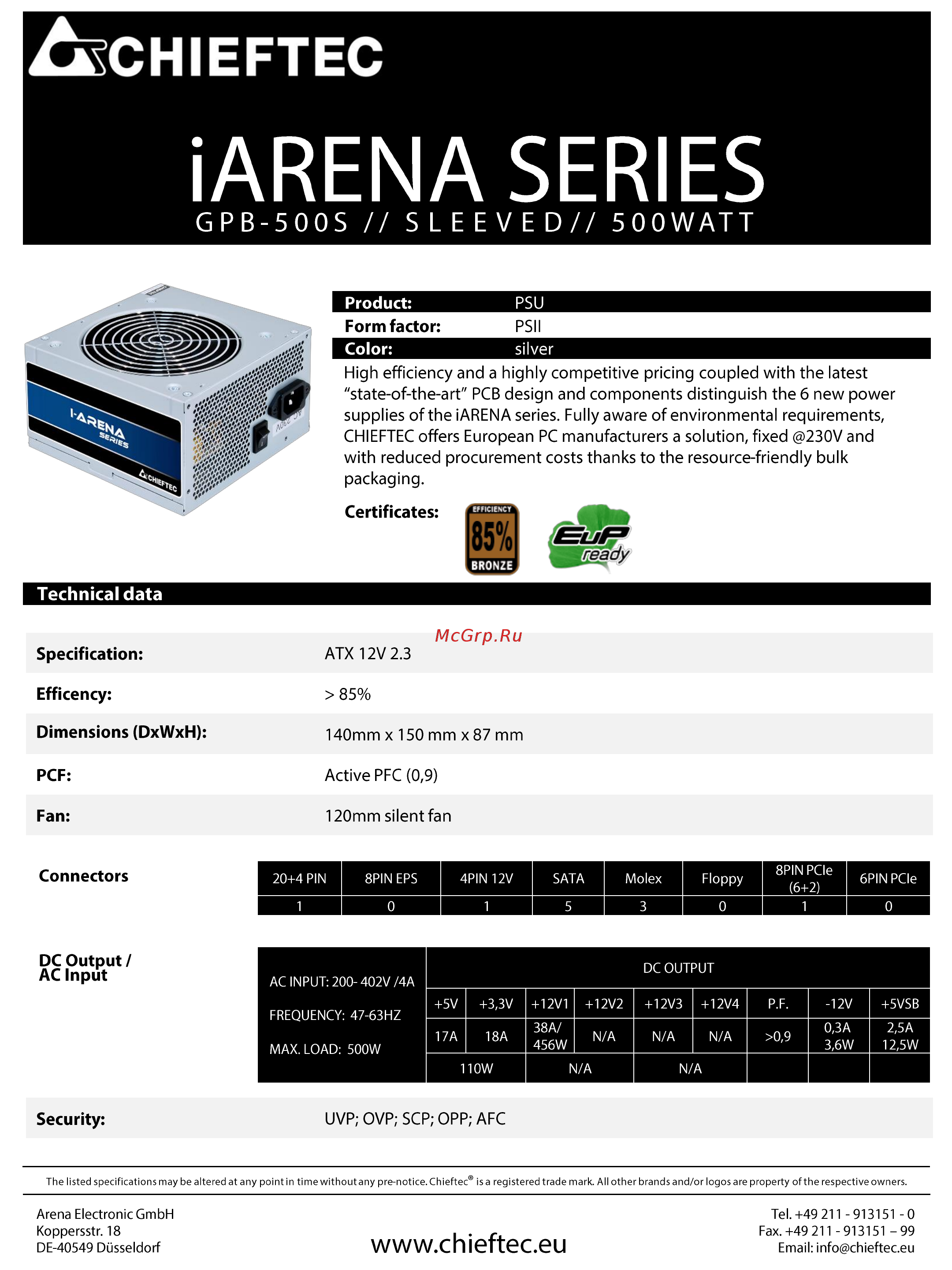 Chieftec GPB-500S Техническая спецификация онлайн