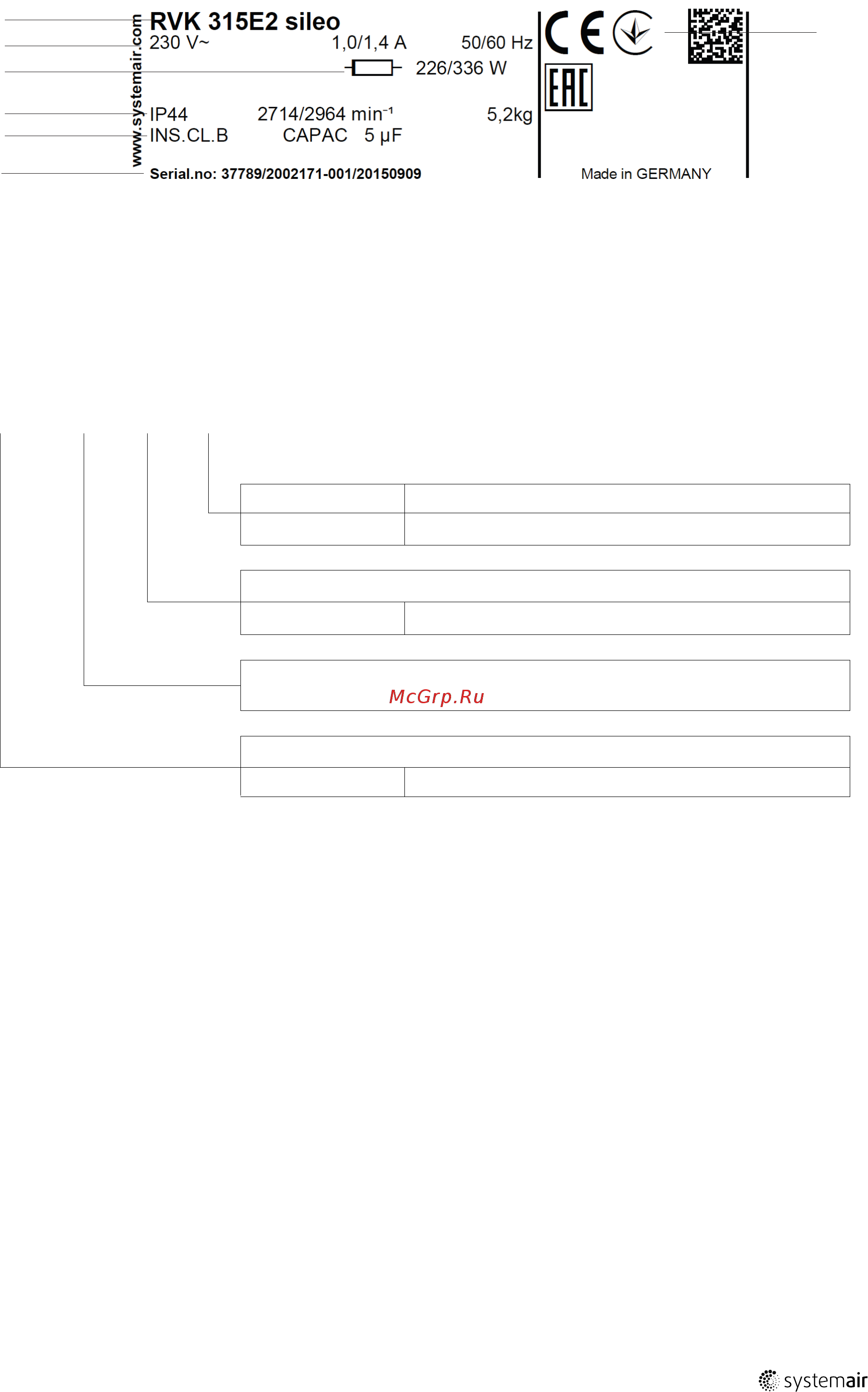 Systemair RVK 200E2 sileo 1ph/230V [9/18] Name plate and type key