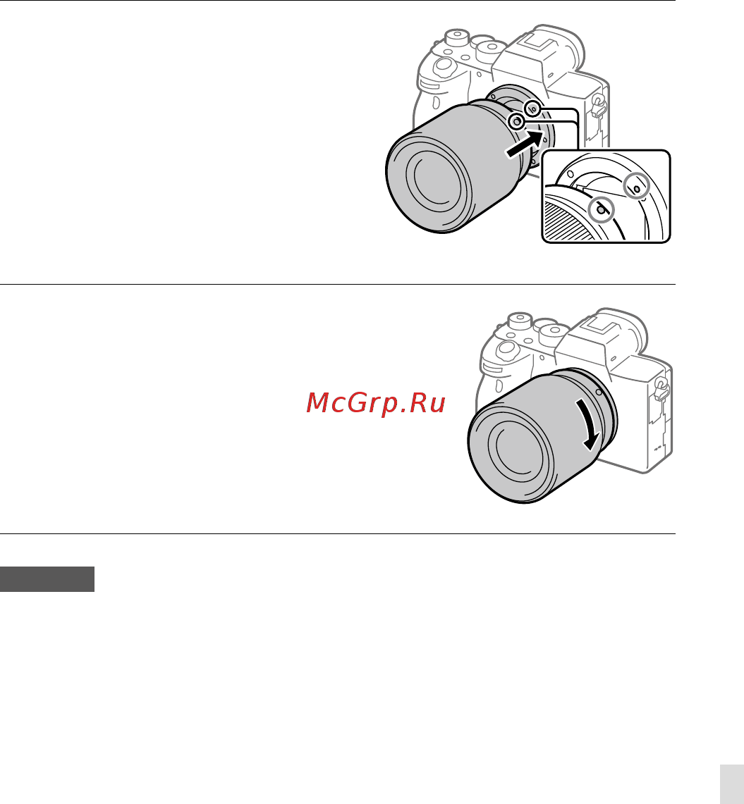 Sony A7R Mark IV Body (ILCE-7RM4) [557/679] Встановіть об єктив вирівнявши дві білі позначки позначки встановлення на об єктиві та фотоапараті