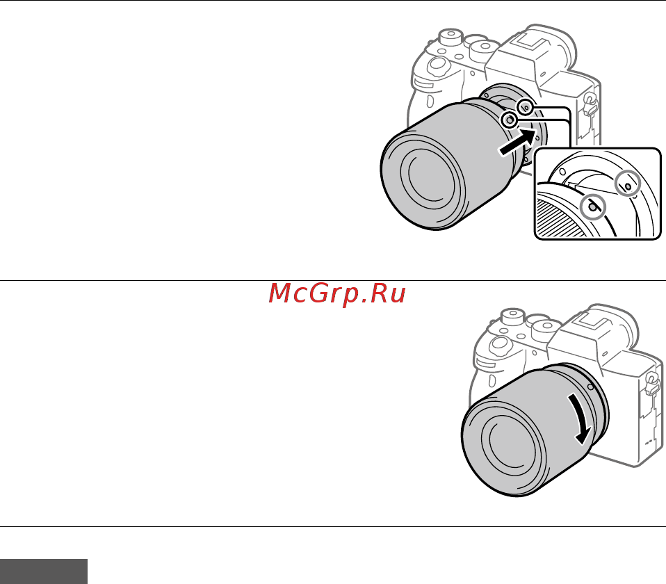Sony A7R Mark IV Body (ILCE-7RM4) [664/679] Mens du forsigtigt skubber objektivet mod kameraet skal du dreje objektivet langsomt i pilens retning indtil det klikker på plads i den låste position