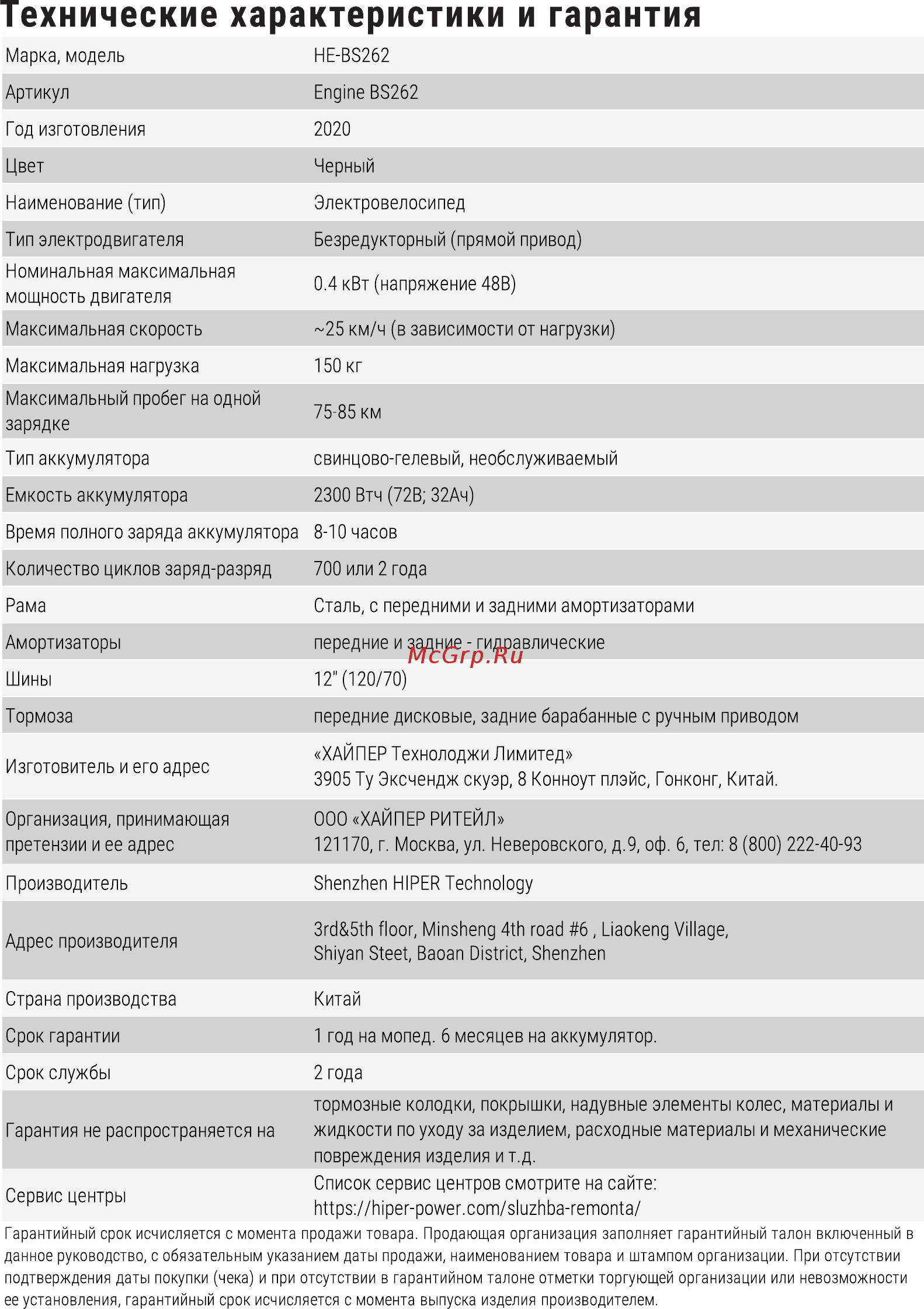 Hiper HE-BS262 [8/9] Технические характеристики и гарантия