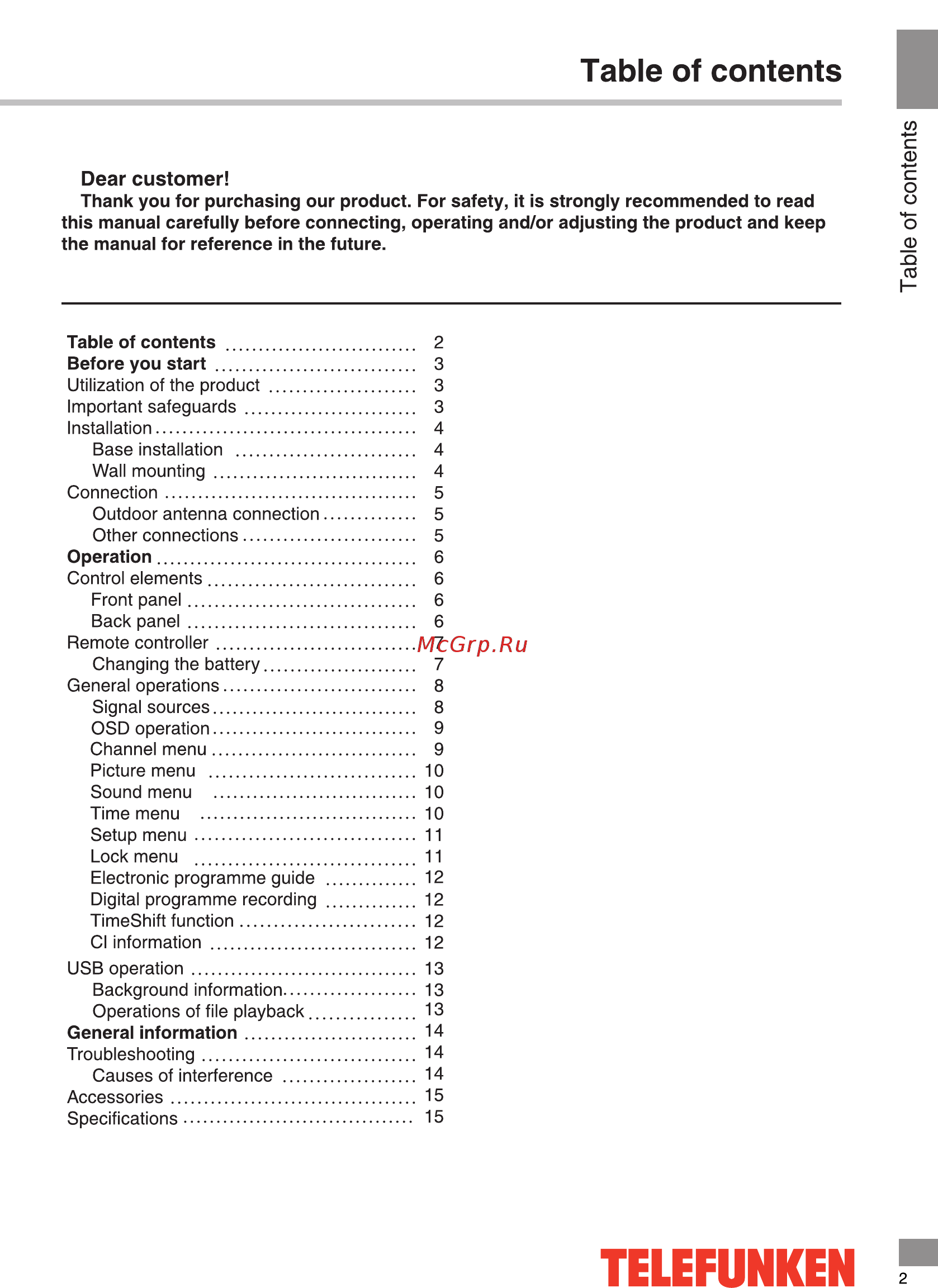 Telefunken TF-LED50S20T2SU [2/38] Table of contents