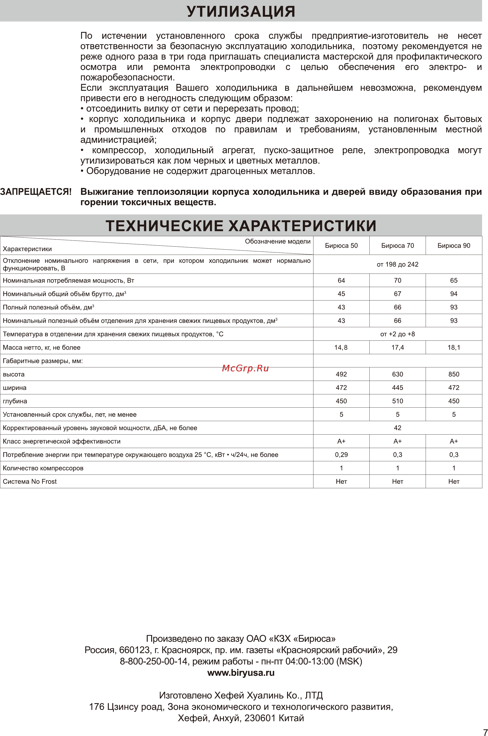 Бирюса 90 [8/13] Технические характеристики