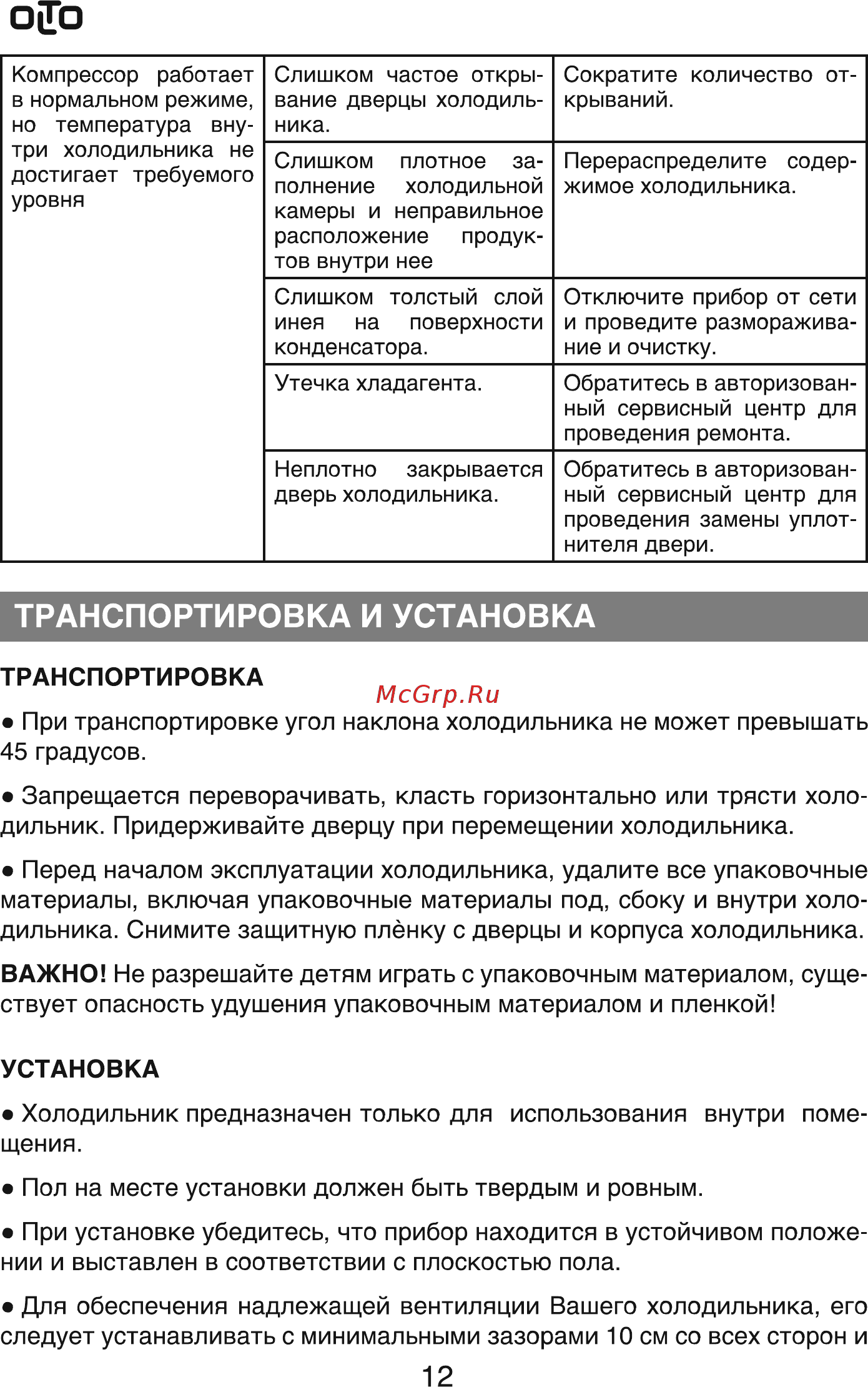 Olto RF-160C White [12/16] Транспортировка и установка