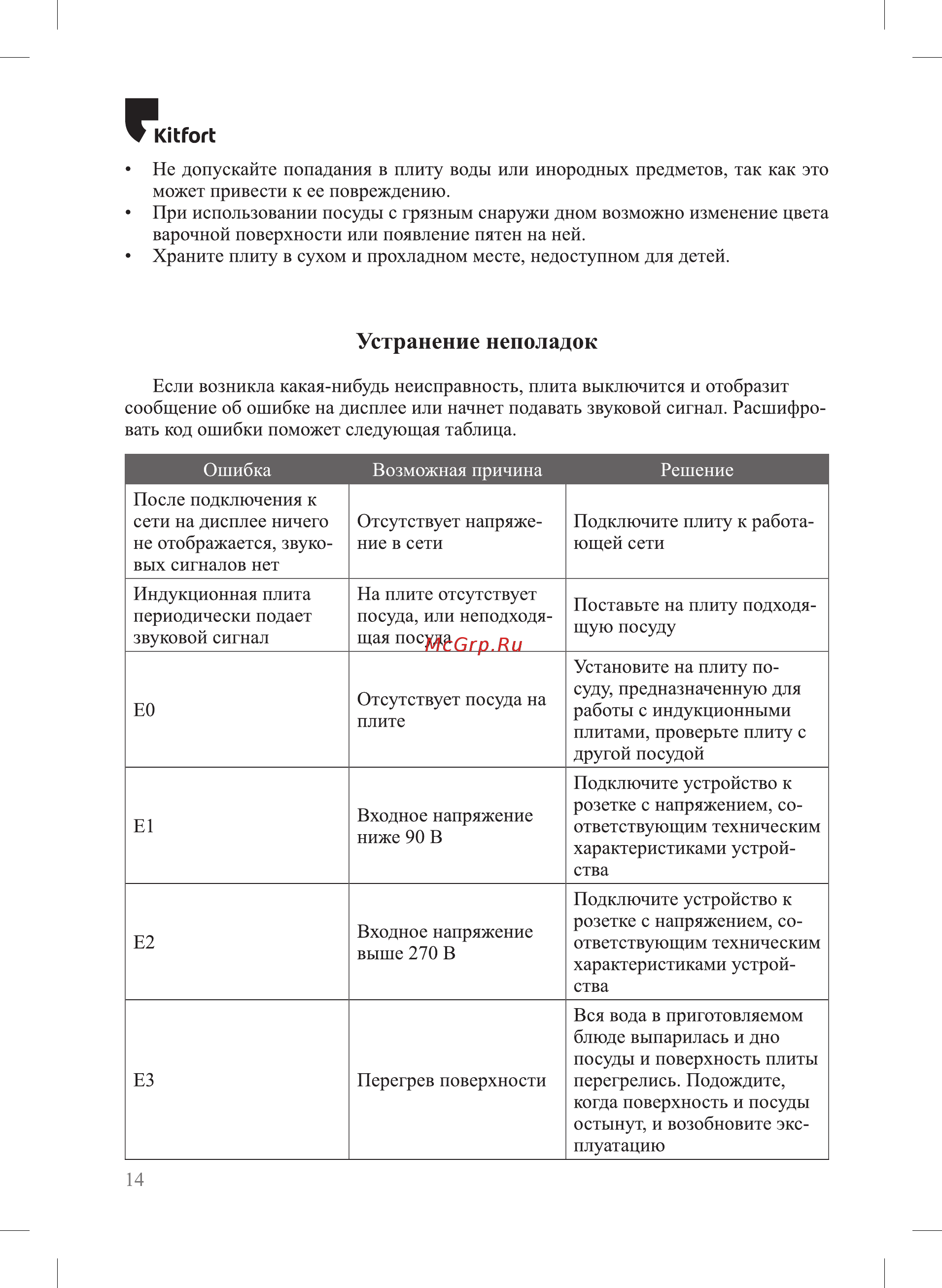 Kitfort КТ-122 [14/20] Устранение неполадок