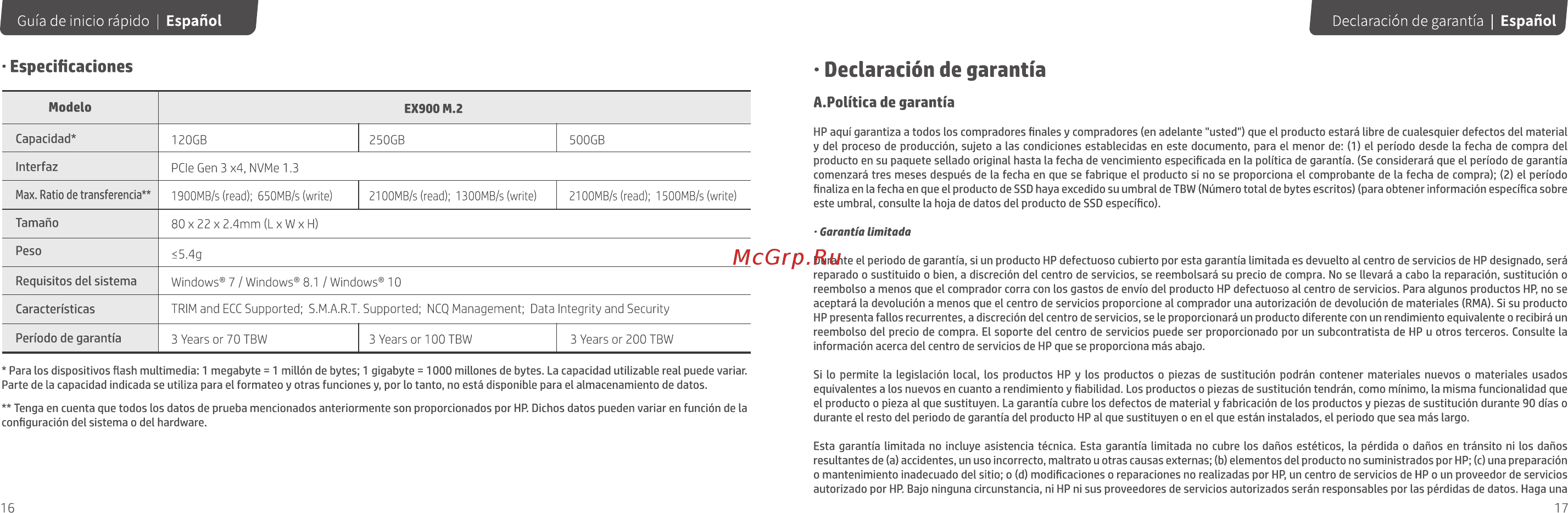 HP 500GB EX900 M.2 (2YY44AA) [10/24] Declaración de garantía