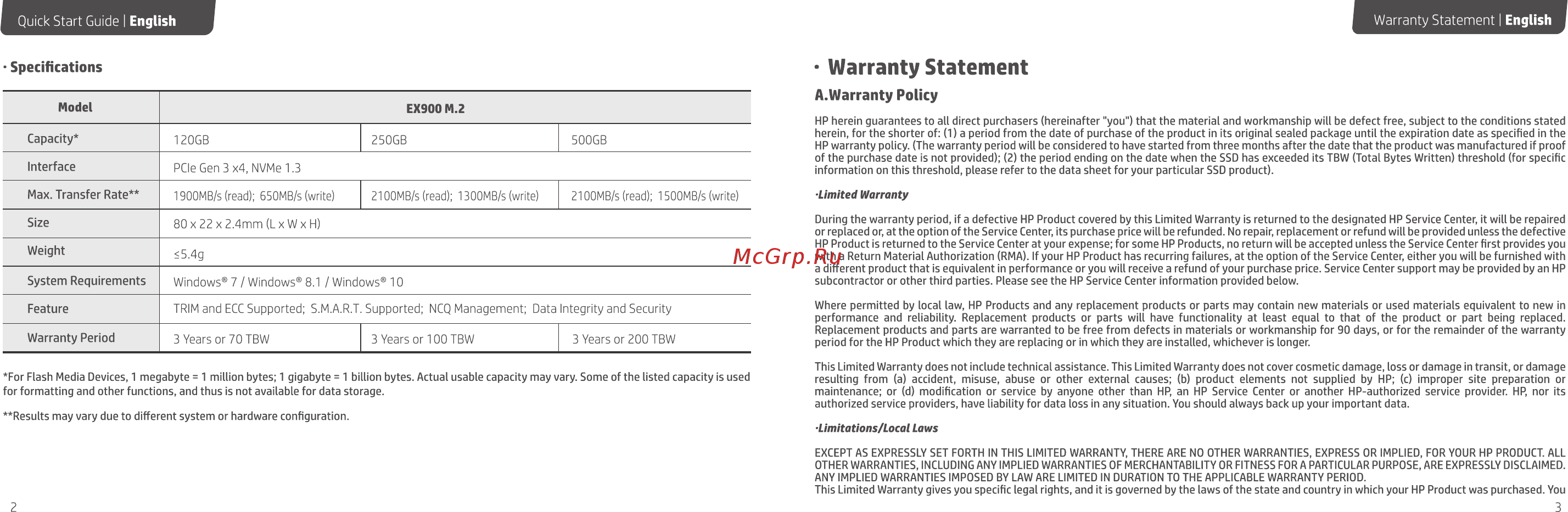 HP 500GB EX900 M.2 (2YY44AA) [3/24] Warranty statement