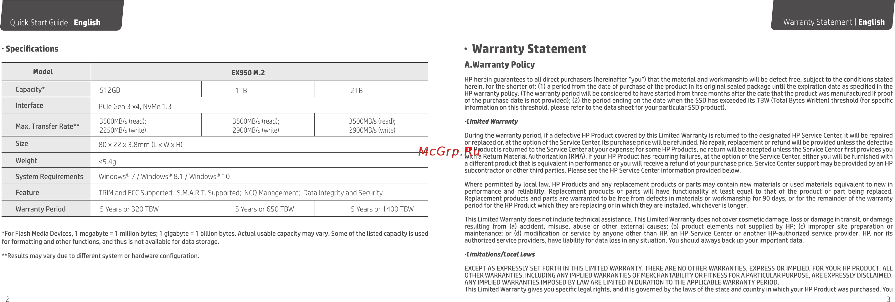 HP 1TB EX950 M.2 (5MS23AA) [3/26] Warranty statement