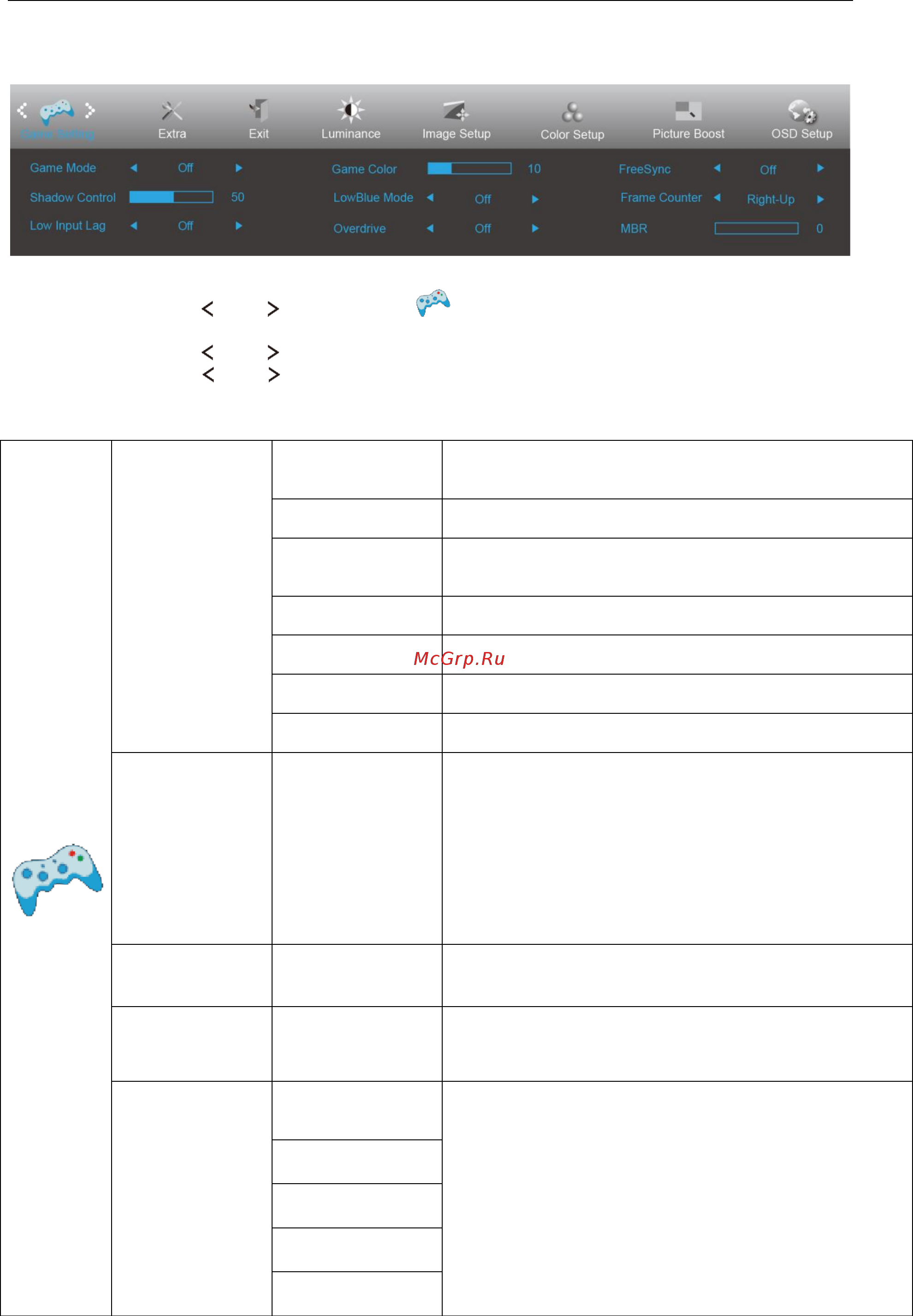 AOC CQ32G1 [28/72] Game setting настройка игрового режима