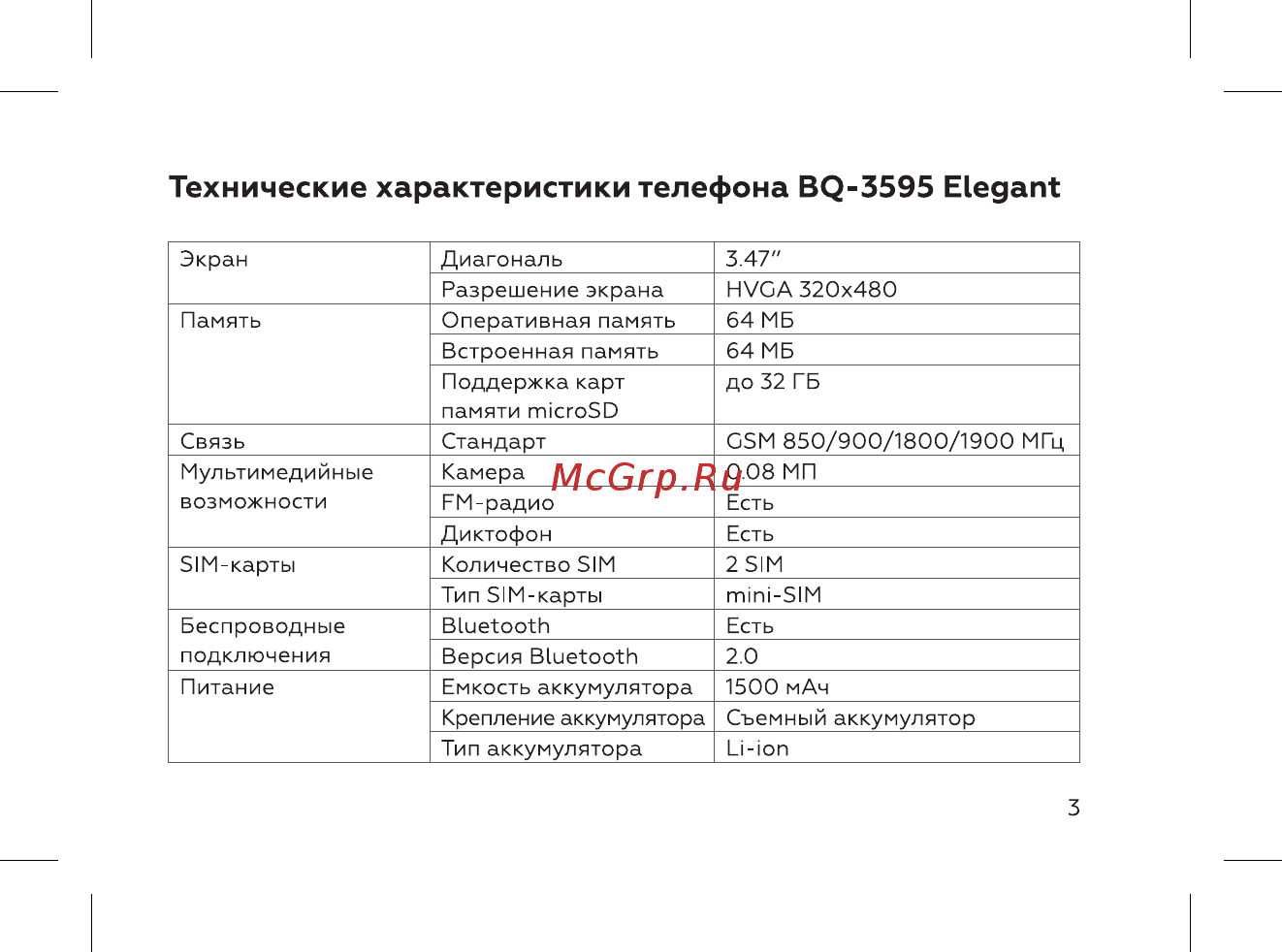 BQ mobile BQ-3595 Elegant Red [5/52] Технические характеристики телефона bq 3595 elegant