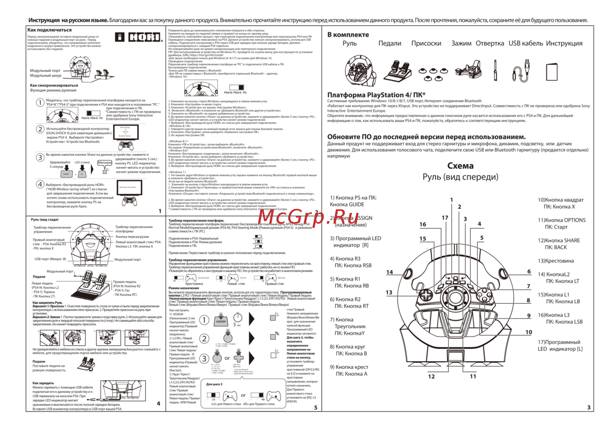 Hori Wireless Racing Wheel Apex (PS4-142E) Инструкция по эксплуатации