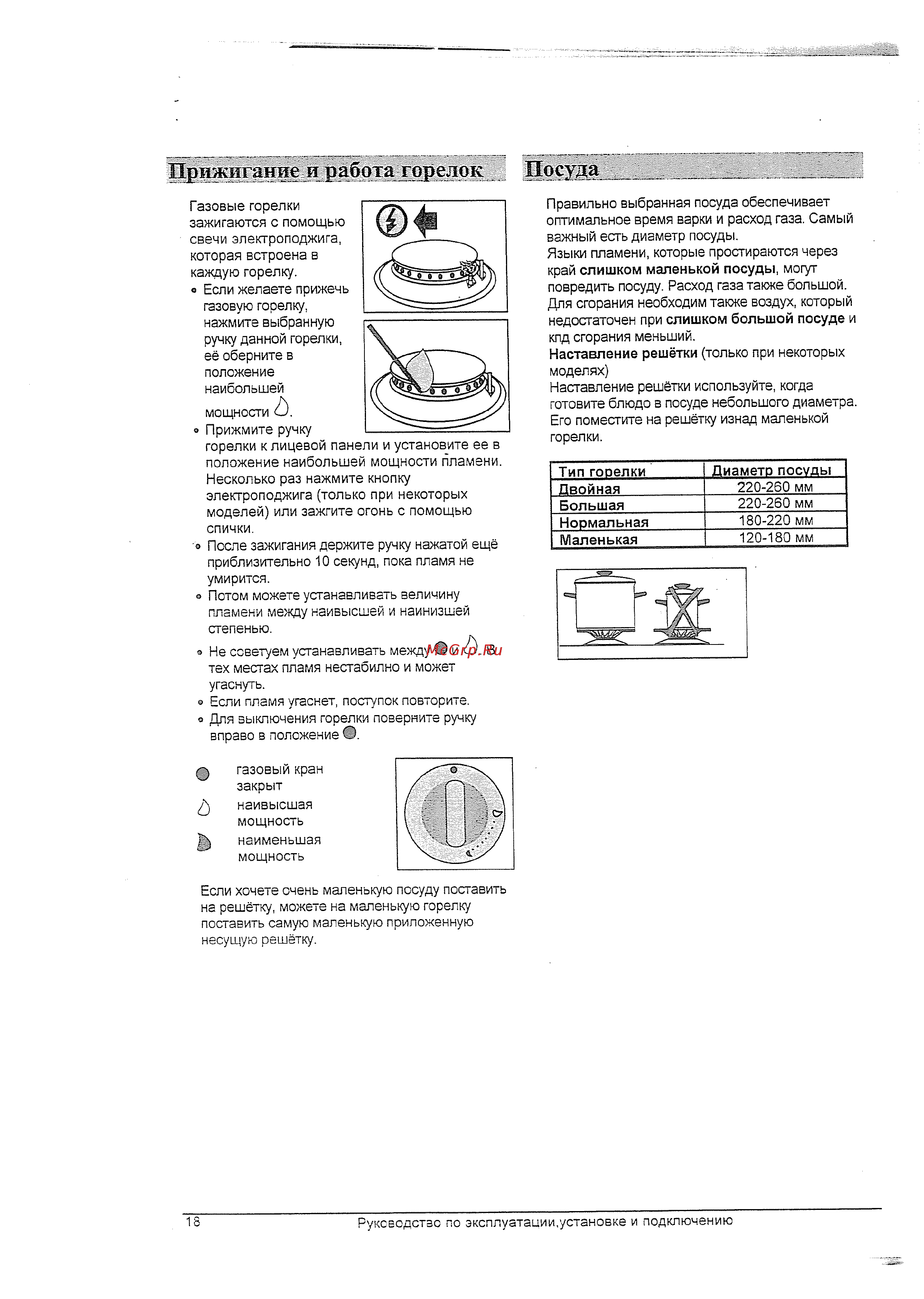 Gorenje GMS66 E [4/11] Прижигание и работа горелок посуда
