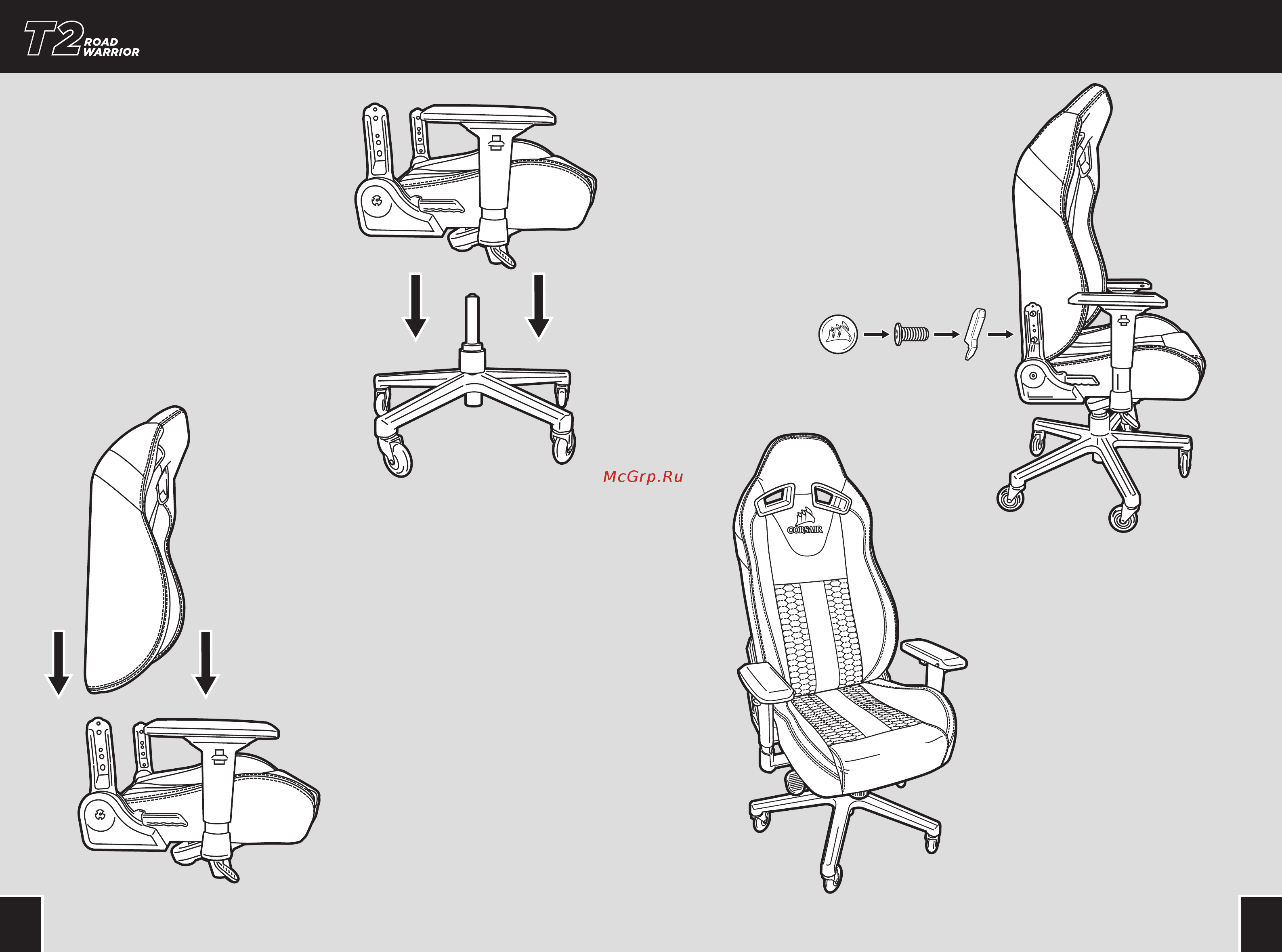 Corsair GamingT2 Road Warrior Black/White (CF-9010007-WW) [5/38] Place the seat assembly onto the multi functional seat control base by inserting the gas lift cylinder into the center hole in the seat control base