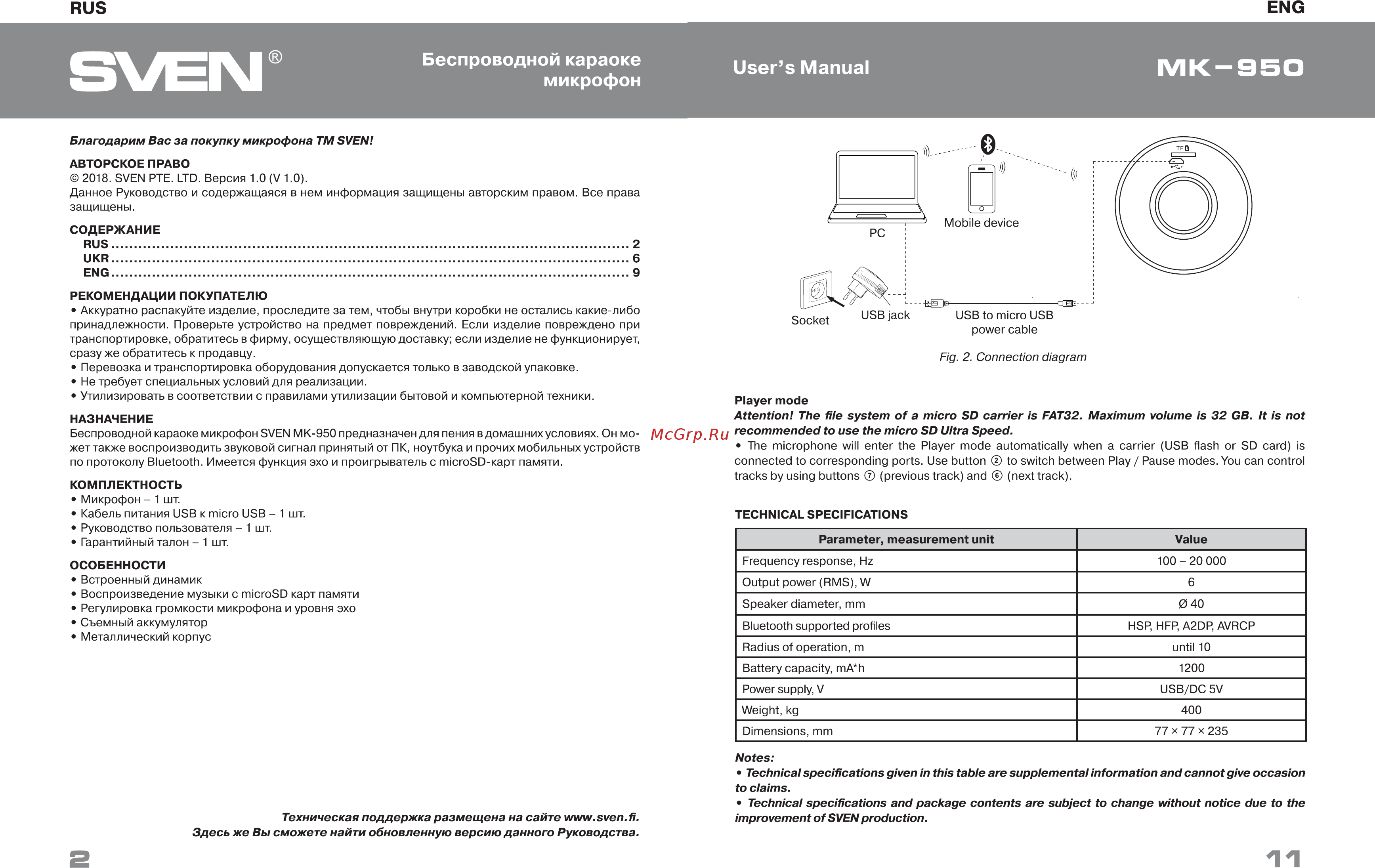 Sven MK-950 для караоке (Bluetooth, microSD) [2/6] Беспроводной караоке