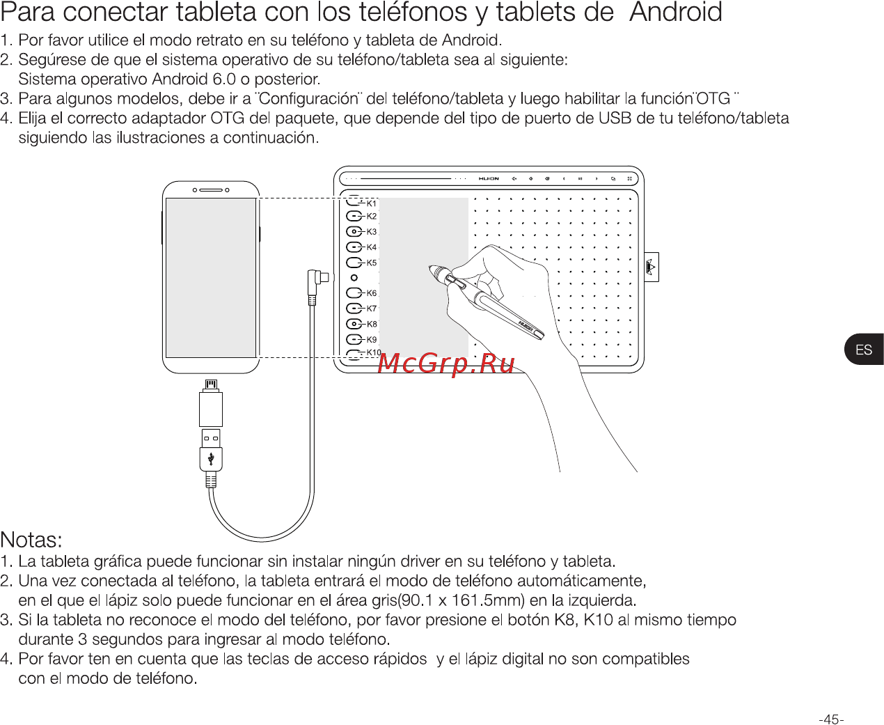 Huion HS611 Coral Red [47/68] Para conectar tableta con los teléfonos y tablets de android