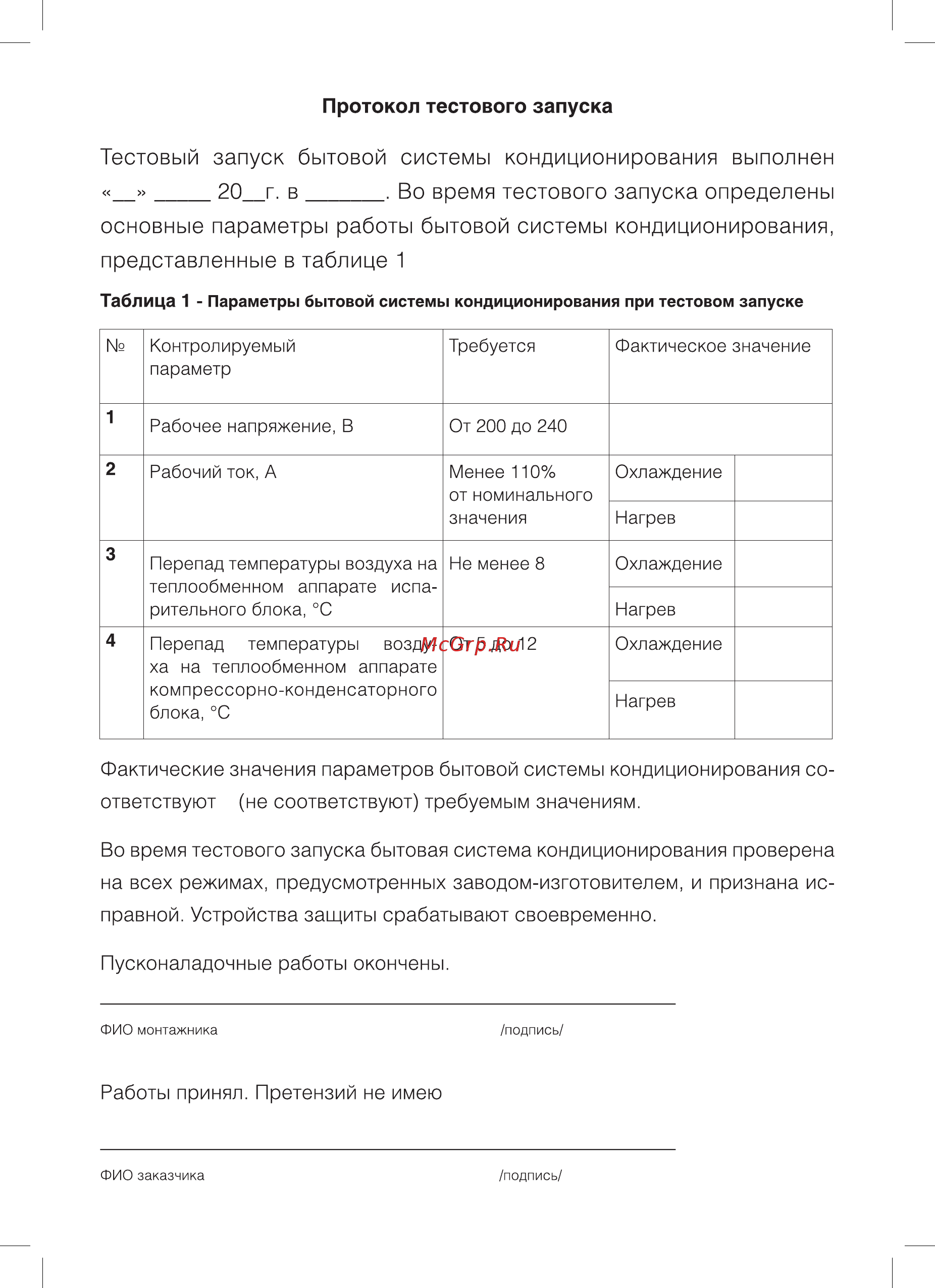 Subtropic SUB -24HN1_18Y [18/24] Фактические значения параметров бытовой системы кондиционирования со