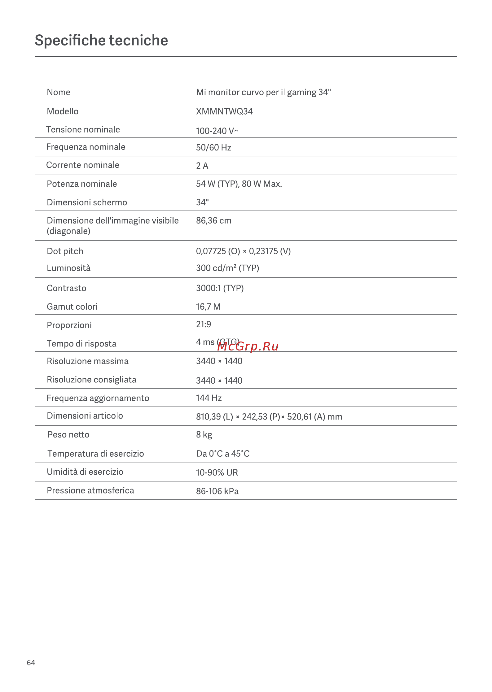 Xiaomi Mi Curved Gaming Monitor 34'' (BHR5133GL) [66/109] Specifiche tecniche