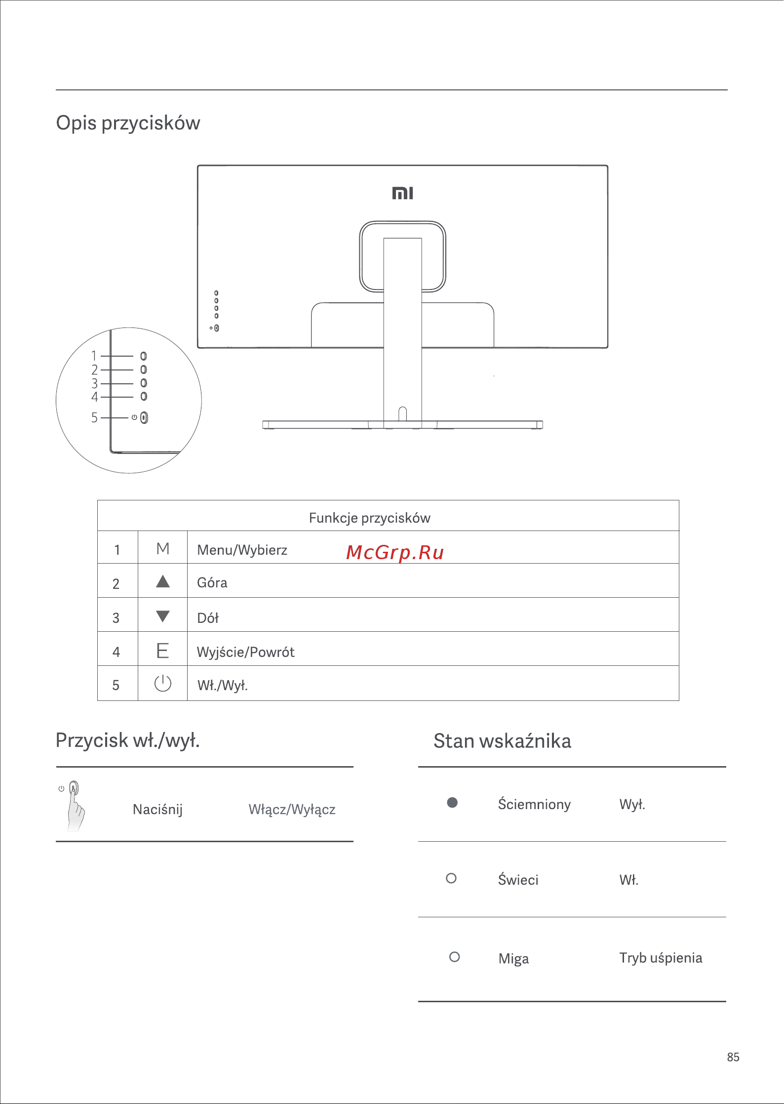 Xiaomi Curved Gaming Monitor G34WQi (ELA5454EU) [87/0] Opis przyciskow