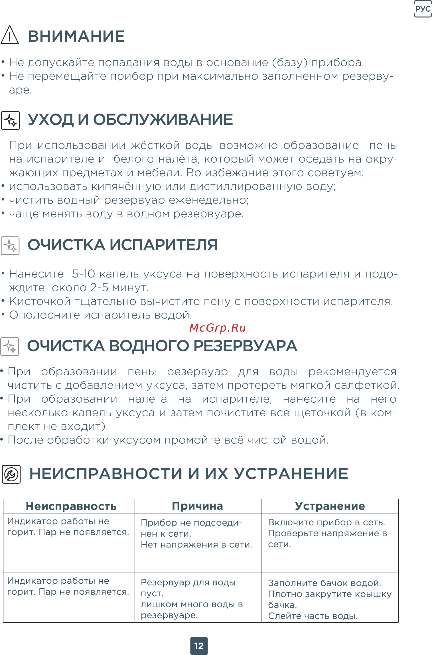 ERGO HU 2048 D [12/14] Неисправности и их устранение