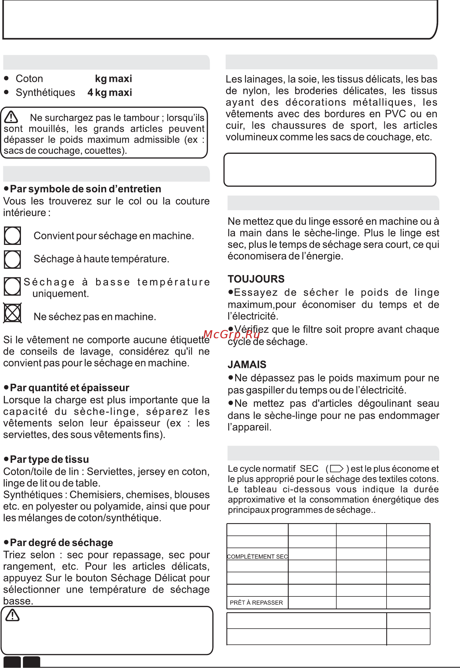 Candy GCV 590NC-S [22/106] Guide de séchage