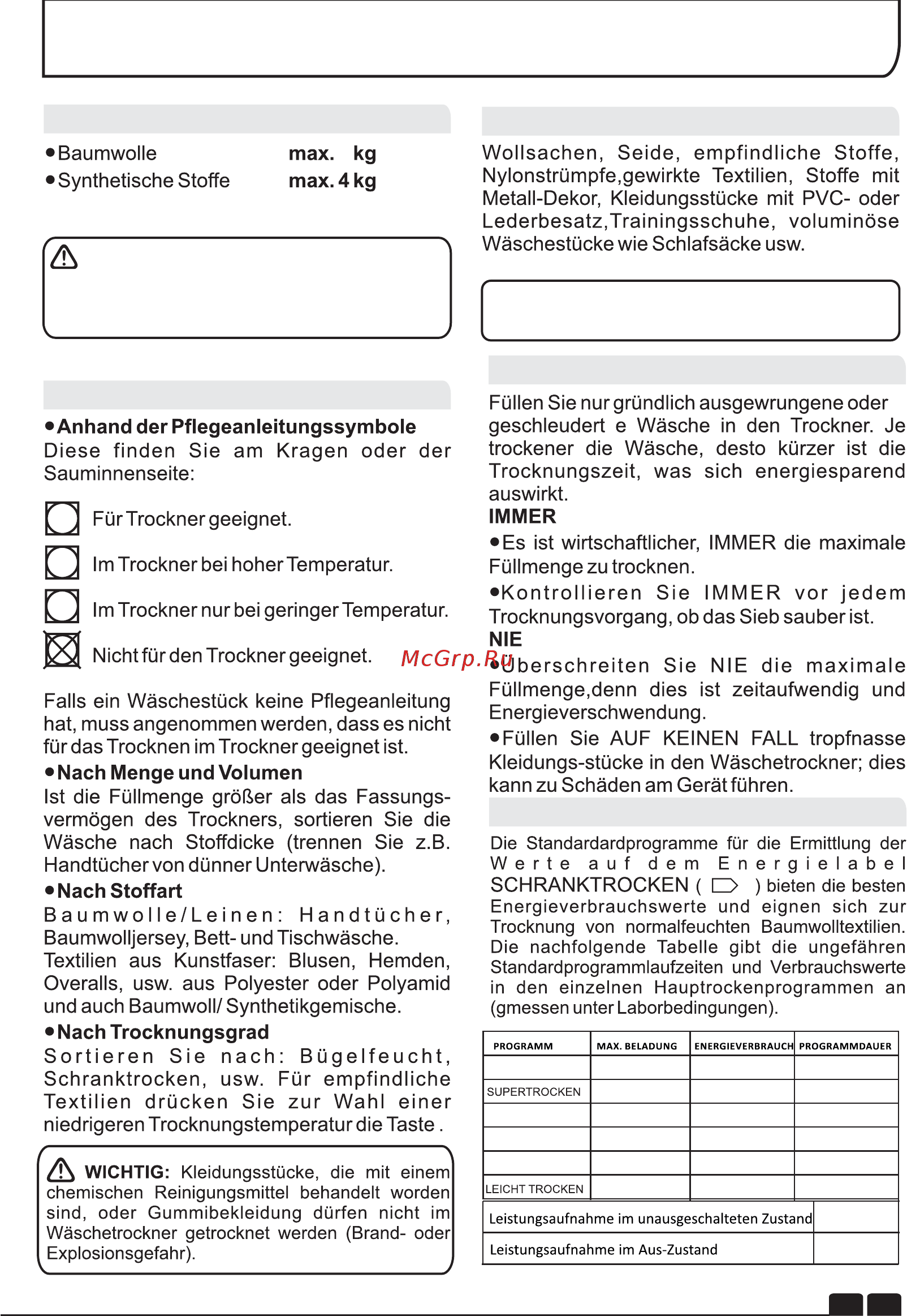 Candy GCV 590NC-S [87/106] Trocknungswerte