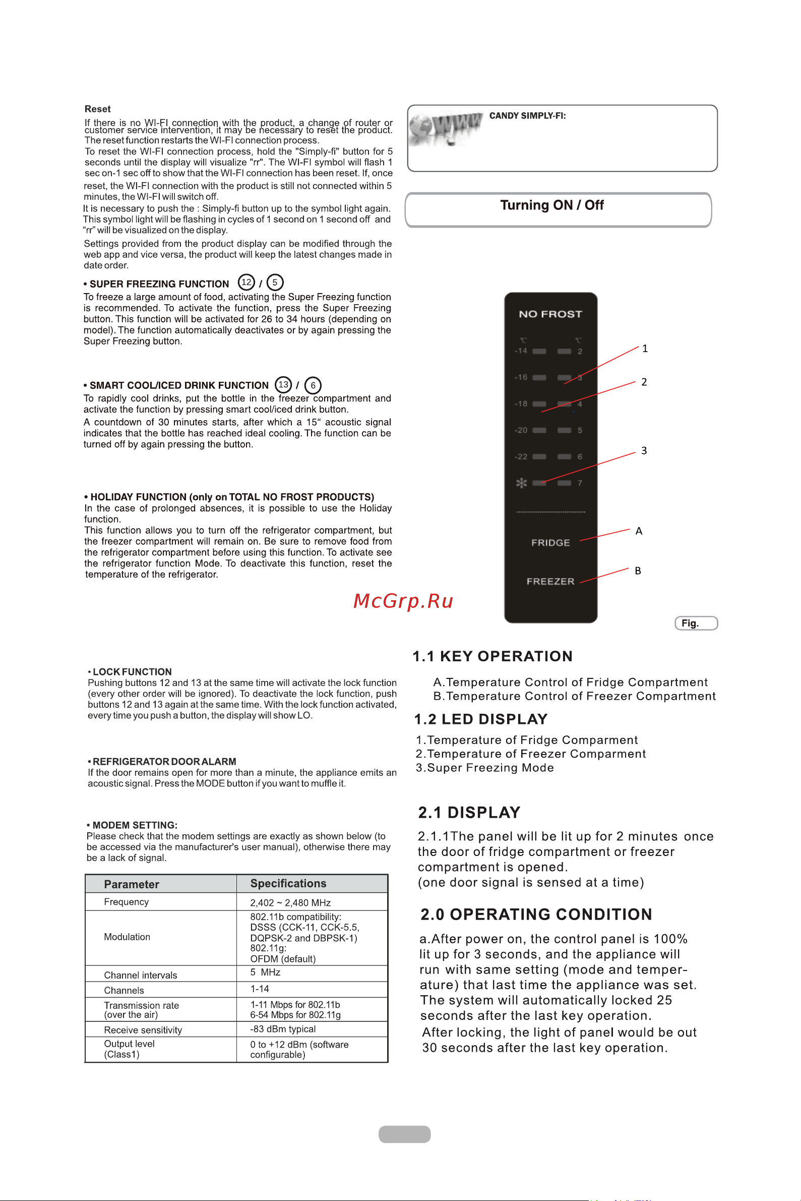 Candy CCFET 6182XHPU [29/163] This version doesn t any setting on interface to switch on or switch off the appliance the only way to switch on off the appliance is by plug in off