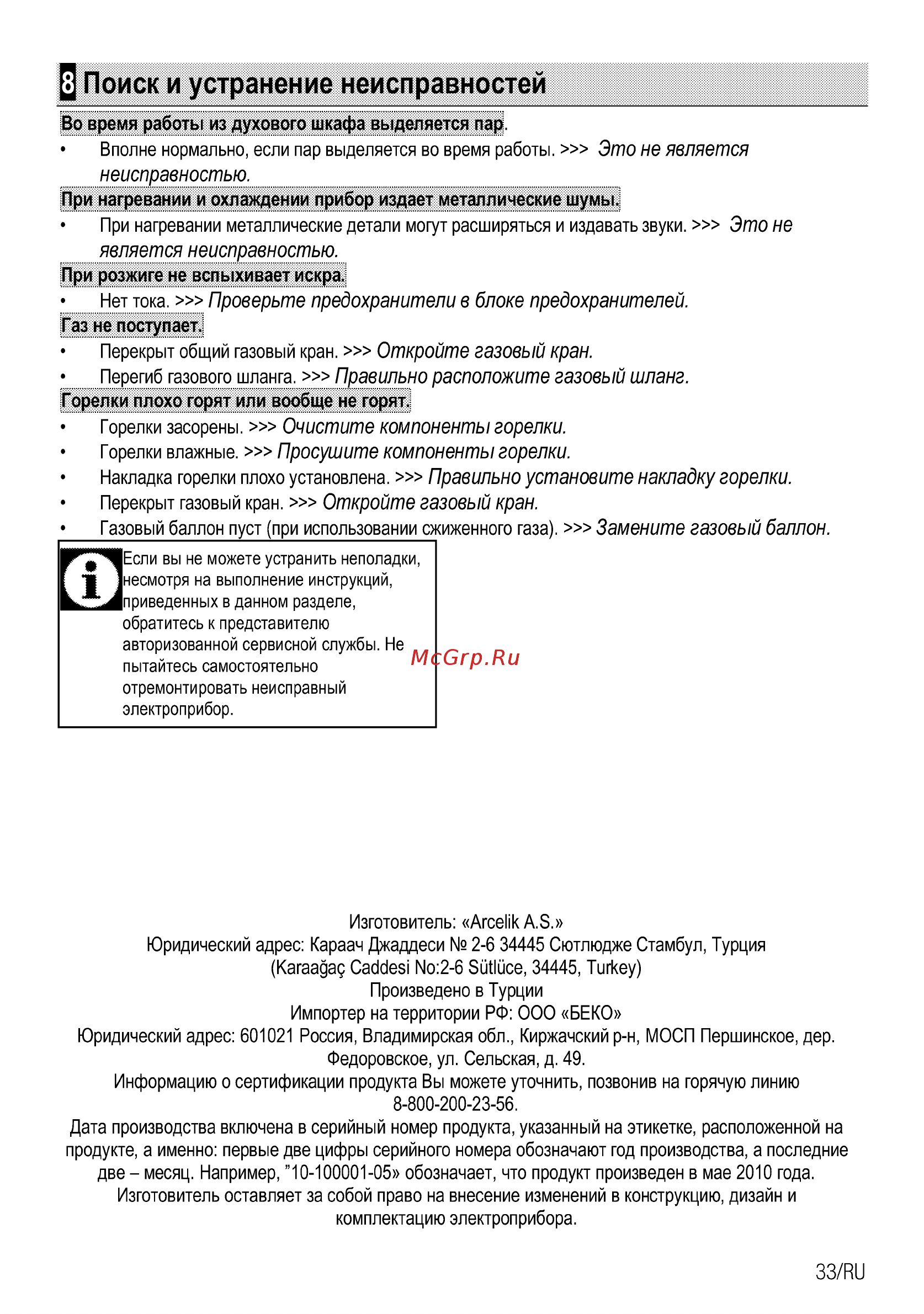 Beko FFSG52010W [61/96] Поиск и устранение неисправностей