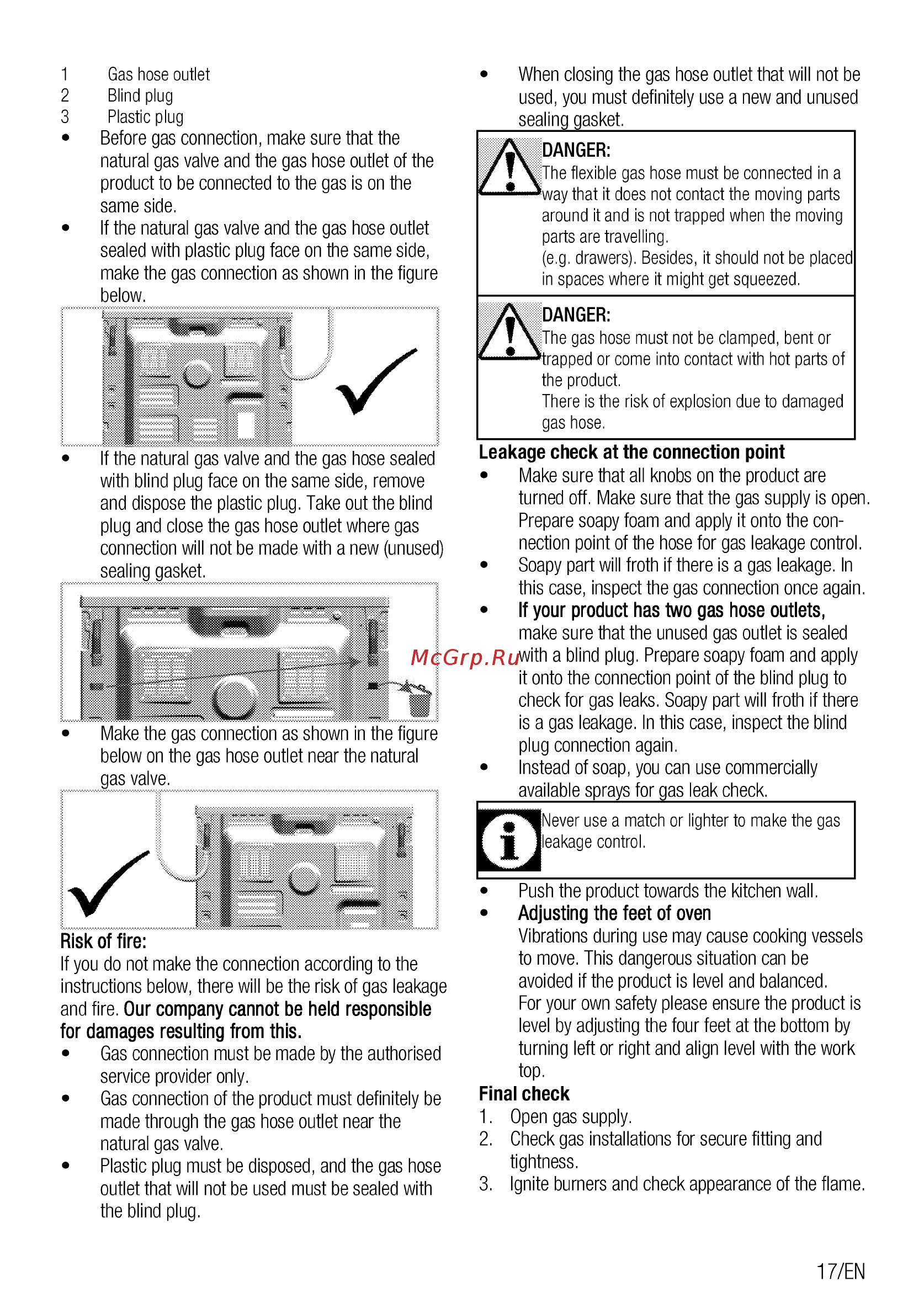 Beko FFSG42012B [17/96] The gas hose must not be clamped bent or trapped or come into contact with hot parts of the product there is the risk of explosion due to damaged gas hose