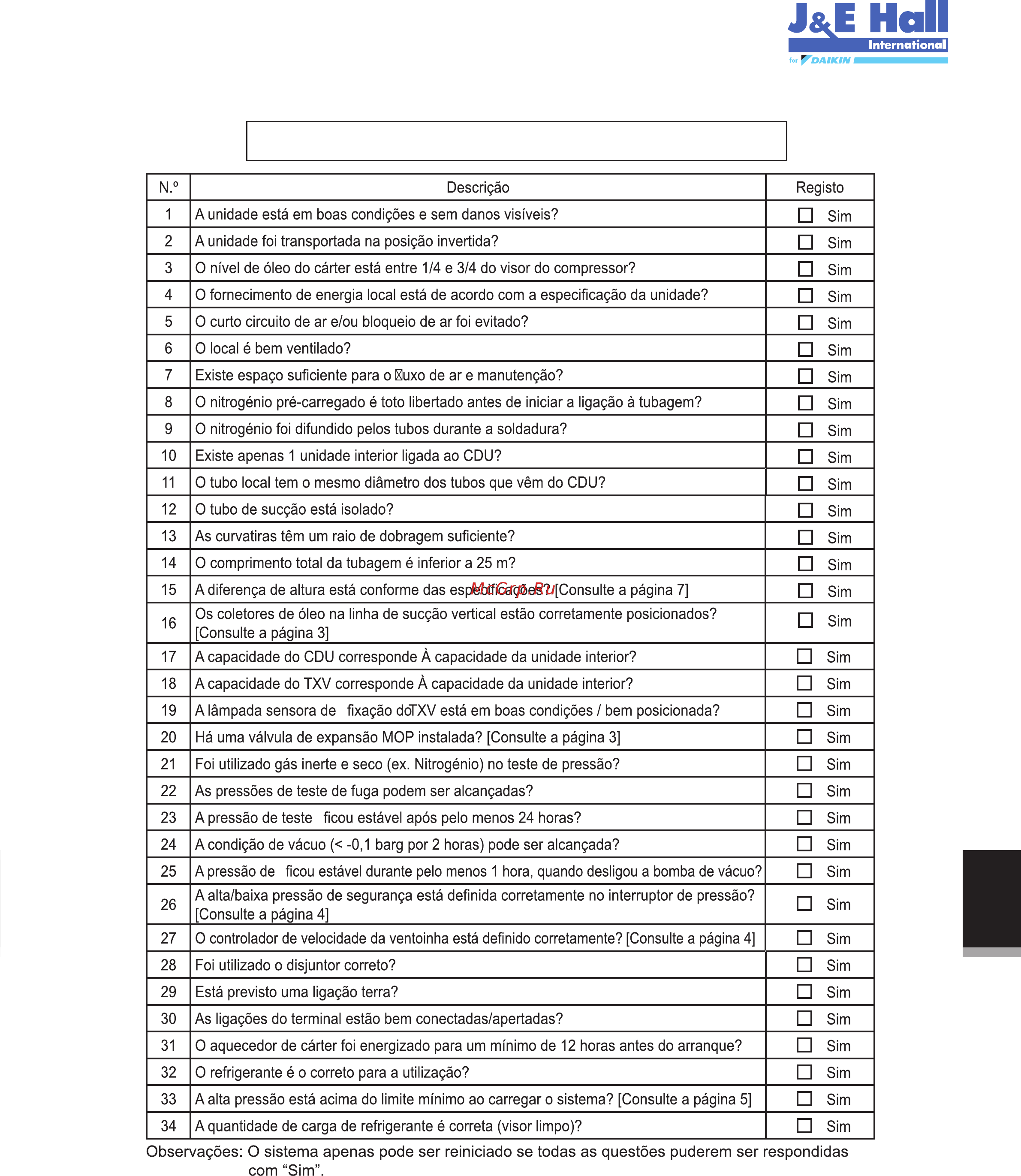 Daikin JEHSCU0500CM3 [167/216] Lista de verificação antes do arranque