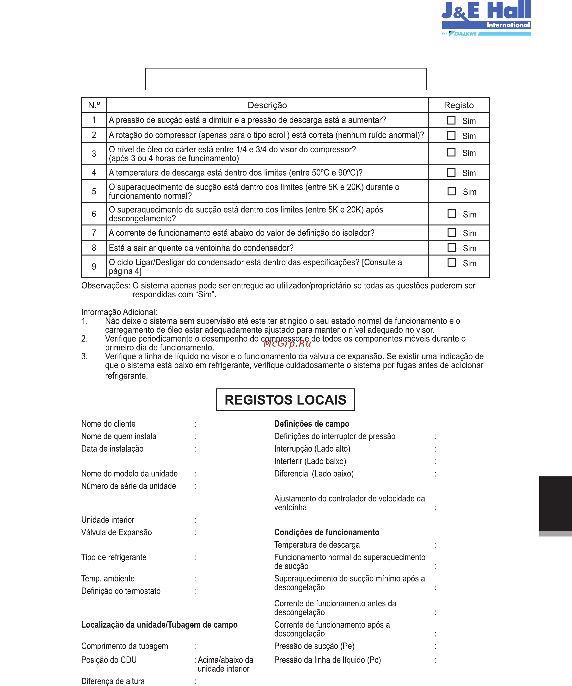 Daikin JEHCCU0180CL3 [168/216] Lista de verificação antes da ativação
