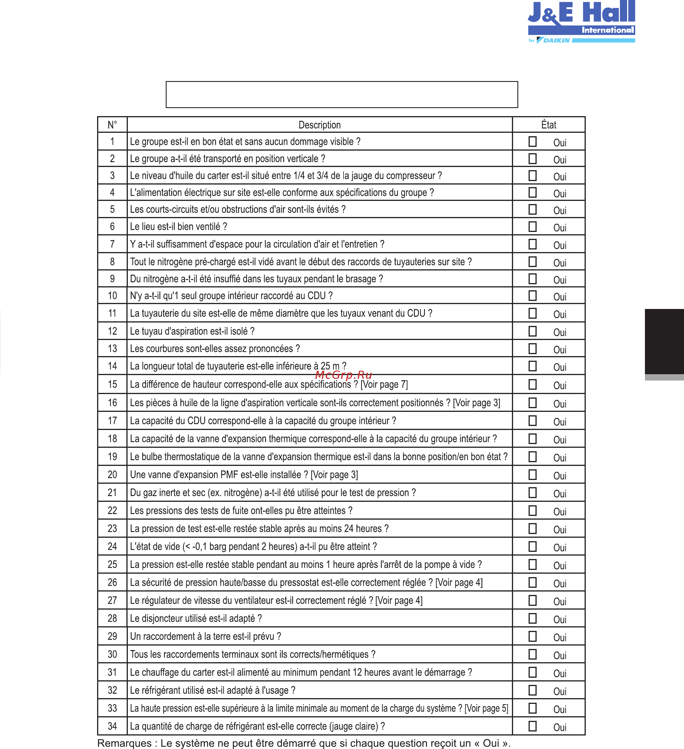 Daikin JEHSCU0500CM3 [71/216] Liste de vérification avant démarrage