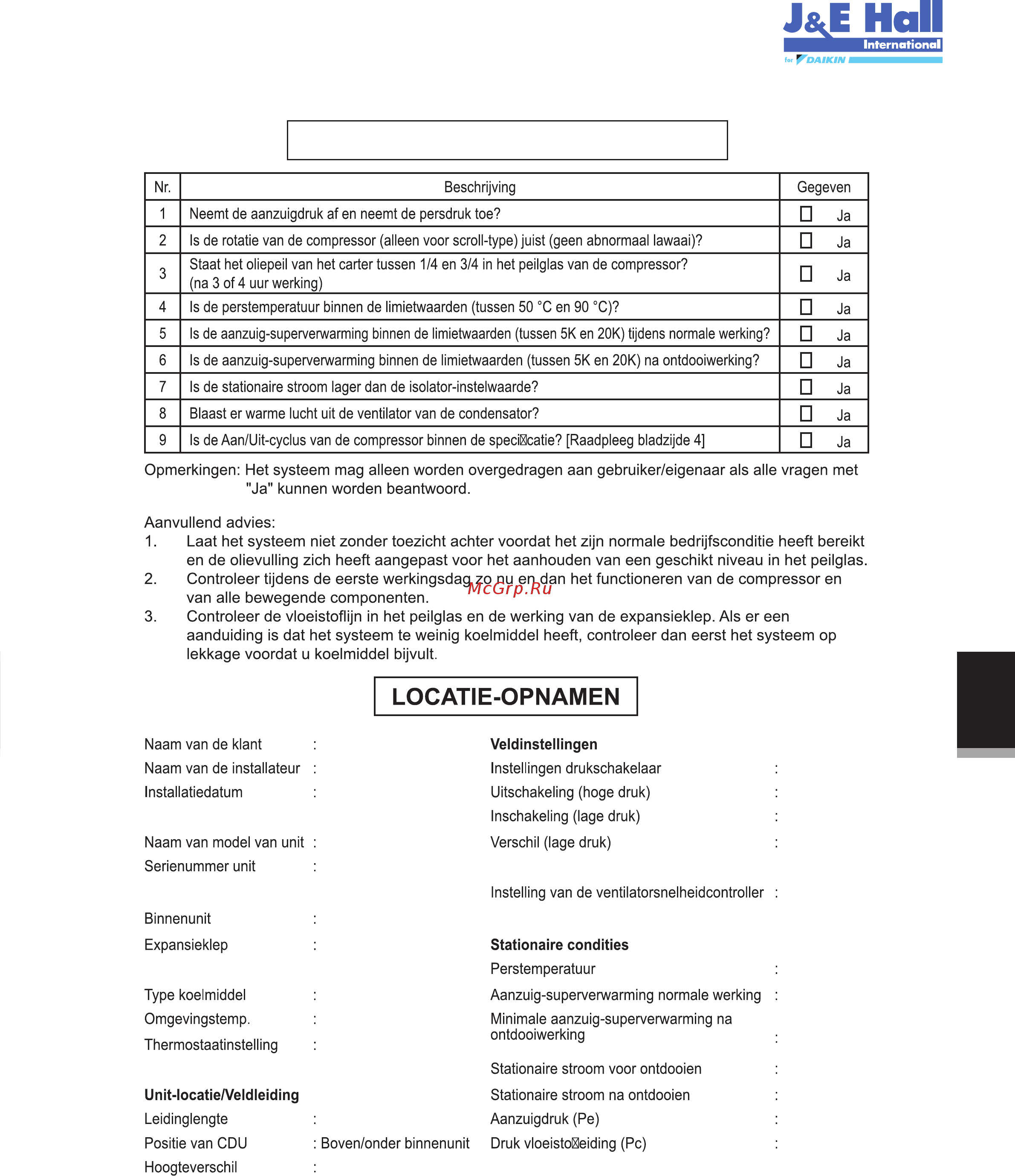 Daikin JEHSCU0200CL3 [96/216] Checklist vóór inbedrijfstelling