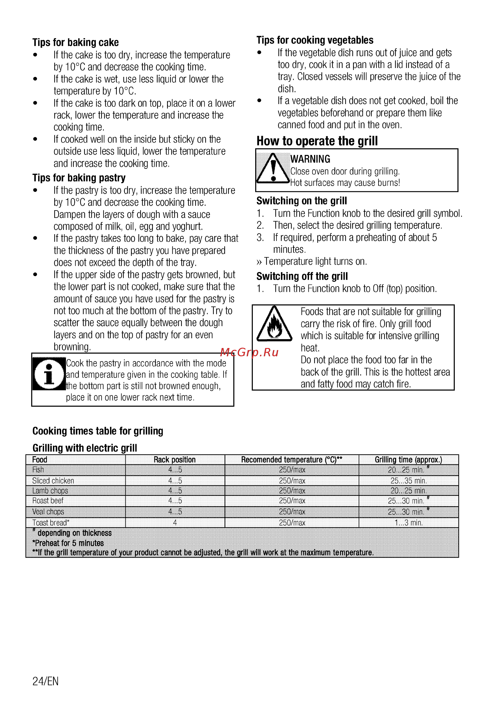 Beko FFSS52010GW [24/104] How to operate the grill_____________