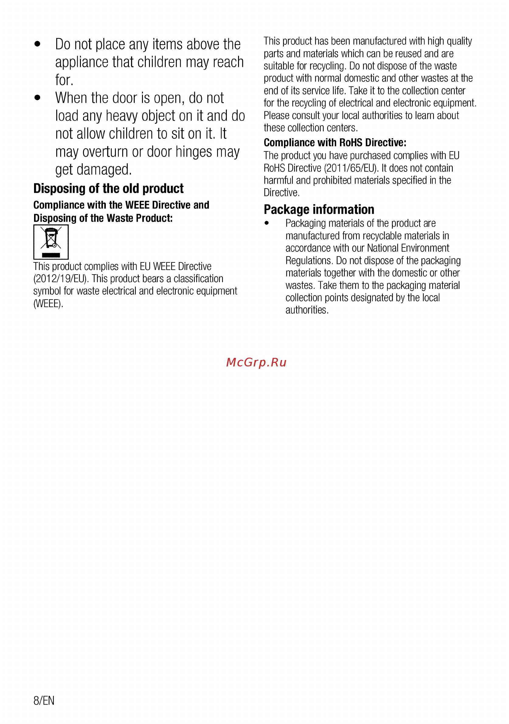 Beko OIE27207A [8/92] Appliance that children may reach for