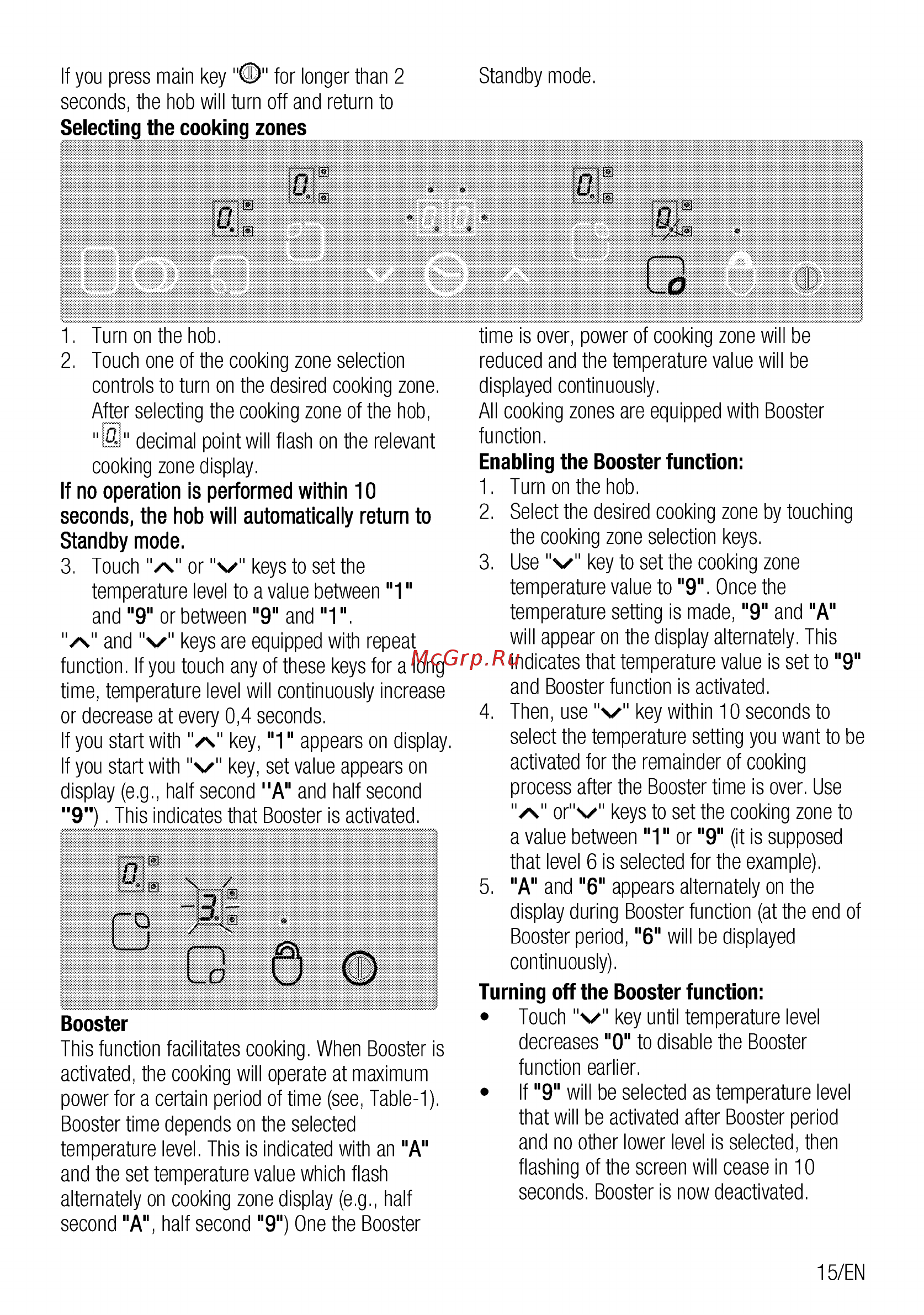Beko HIC64402T [15/80] If no operation is performed within 10 seconds the hob will automatically return to standby mode