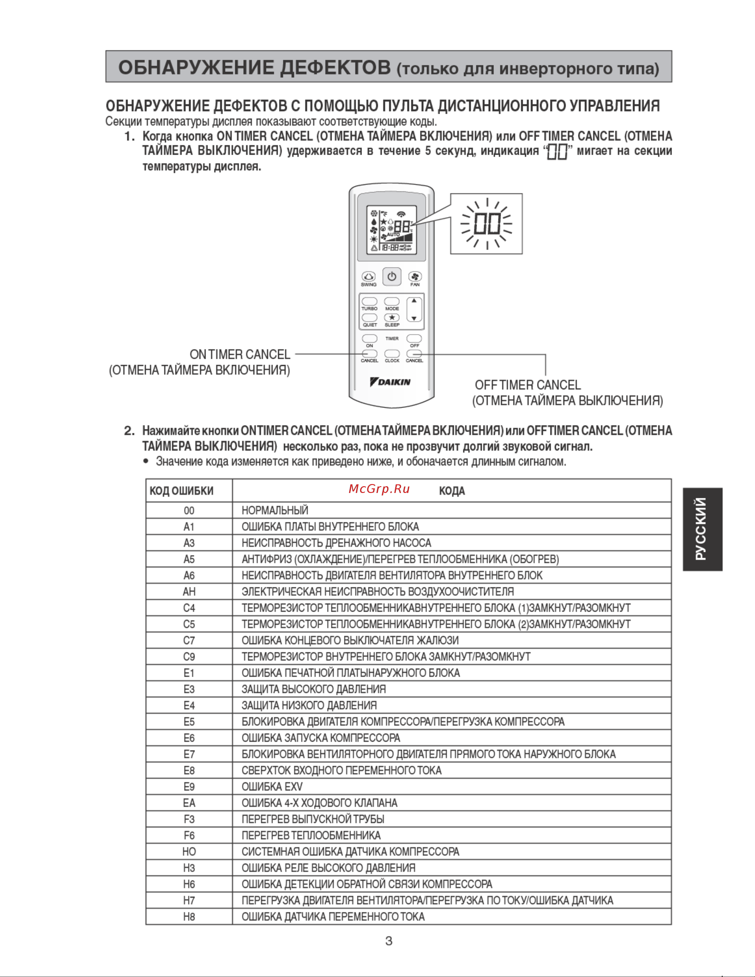 Daikin ATXN60M6 [29/52] Значение кода изменяется как приведено ниже и обоначается длинным сигналом