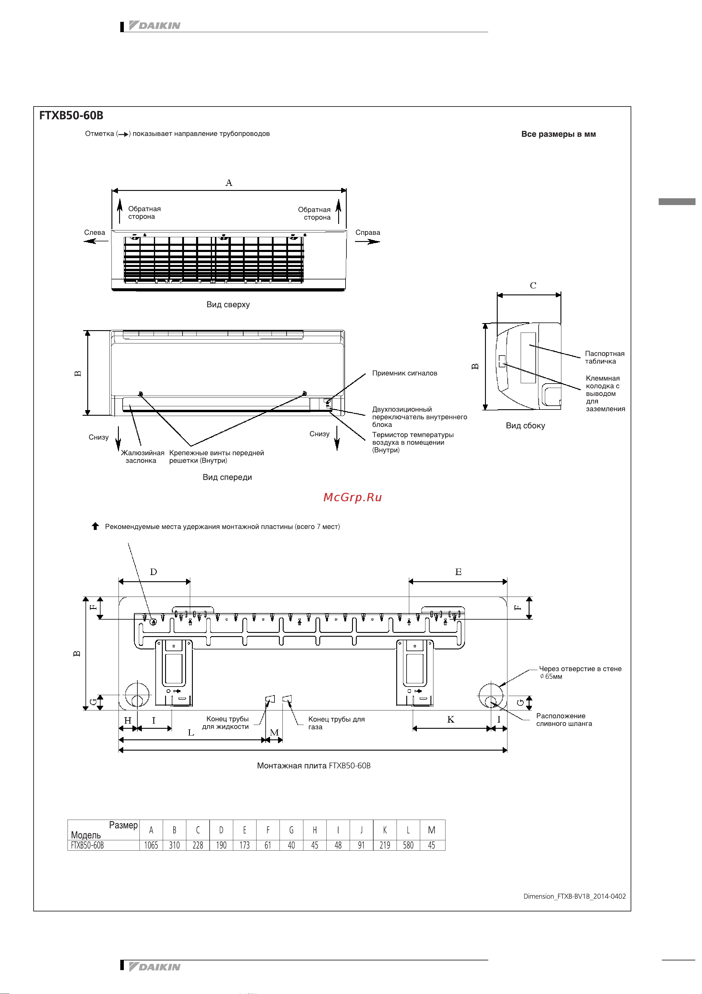 Daikin FTXB35BV1 [9/19] Размерные чертежи