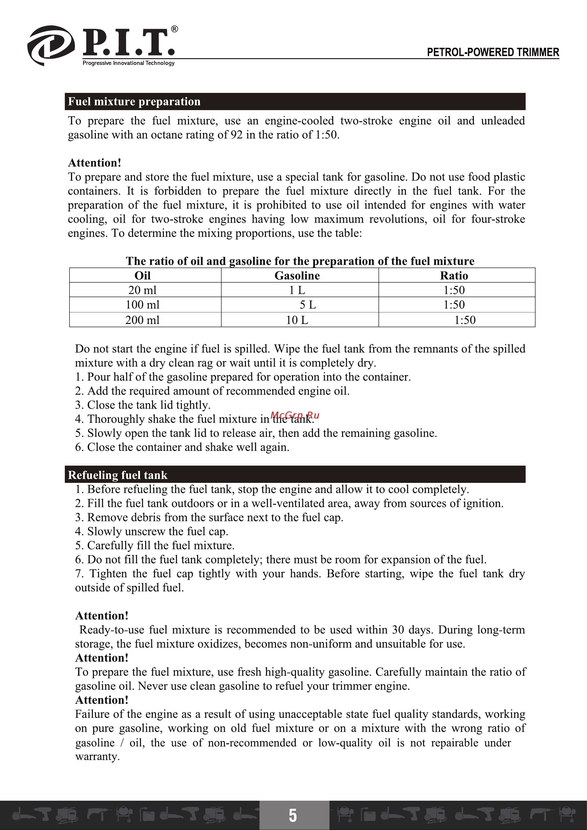 P.I.T. P75103A [6/26] The ratio of oil and gasoline for the preparation of the fuel mixture